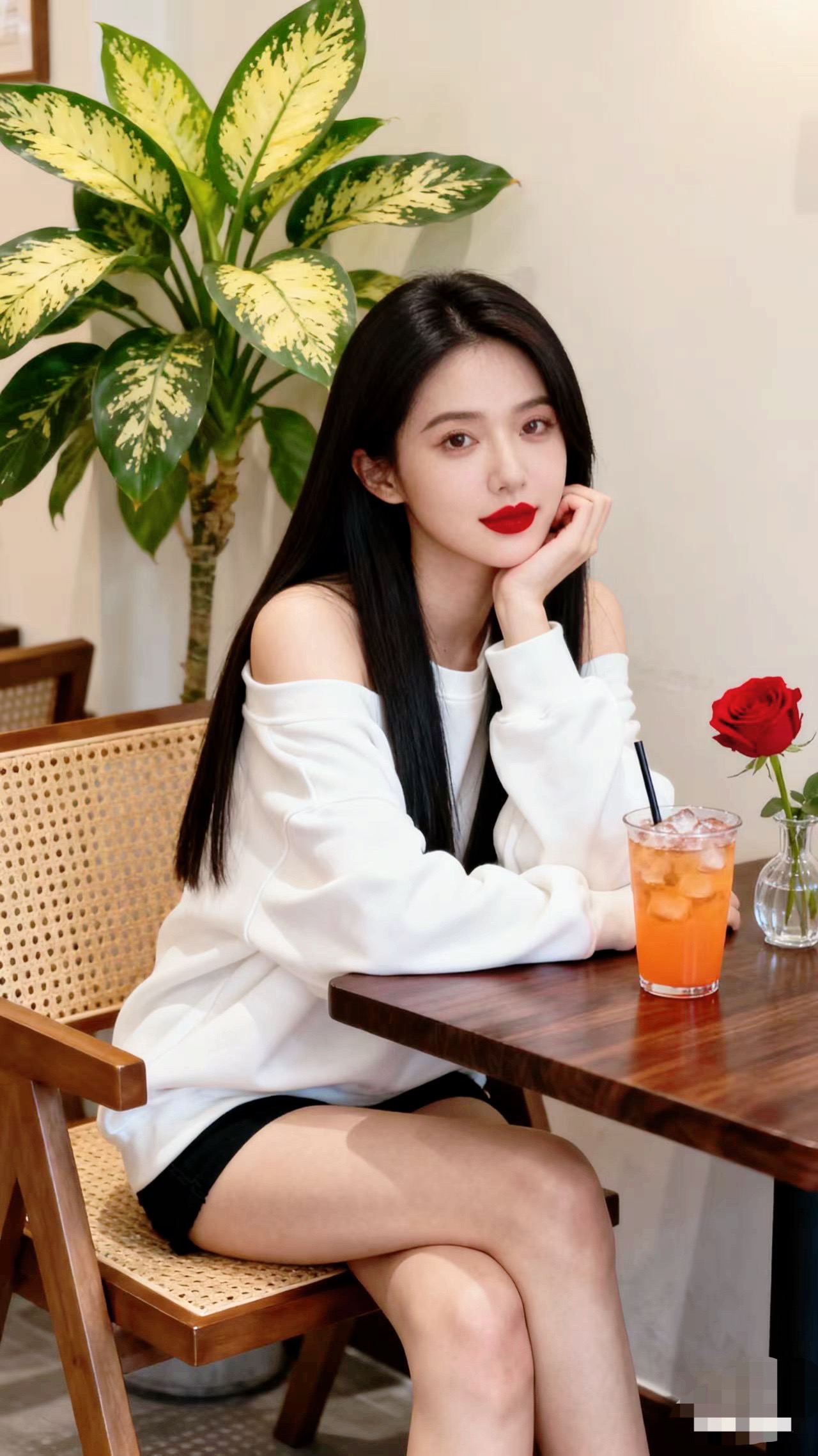 “白卫衣的慵懒和红唇的明艳撞了个满怀～冰饮的气泡、玫瑰的红，是今天偷闲...