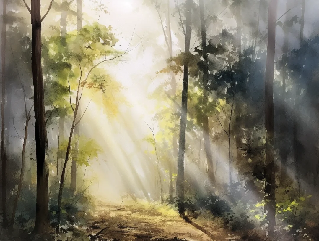 水彩 林中阳光
