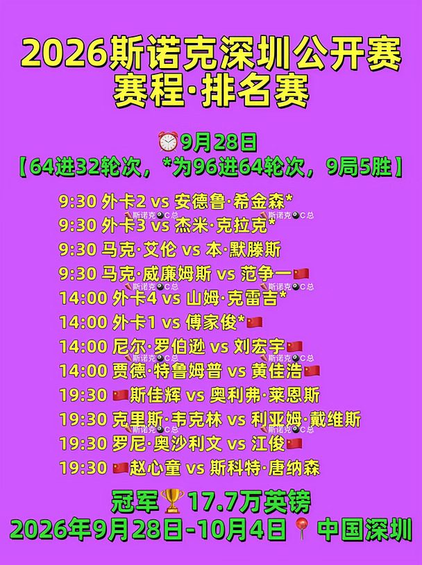 2026斯诺克深圳公开赛赛程·排名赛！