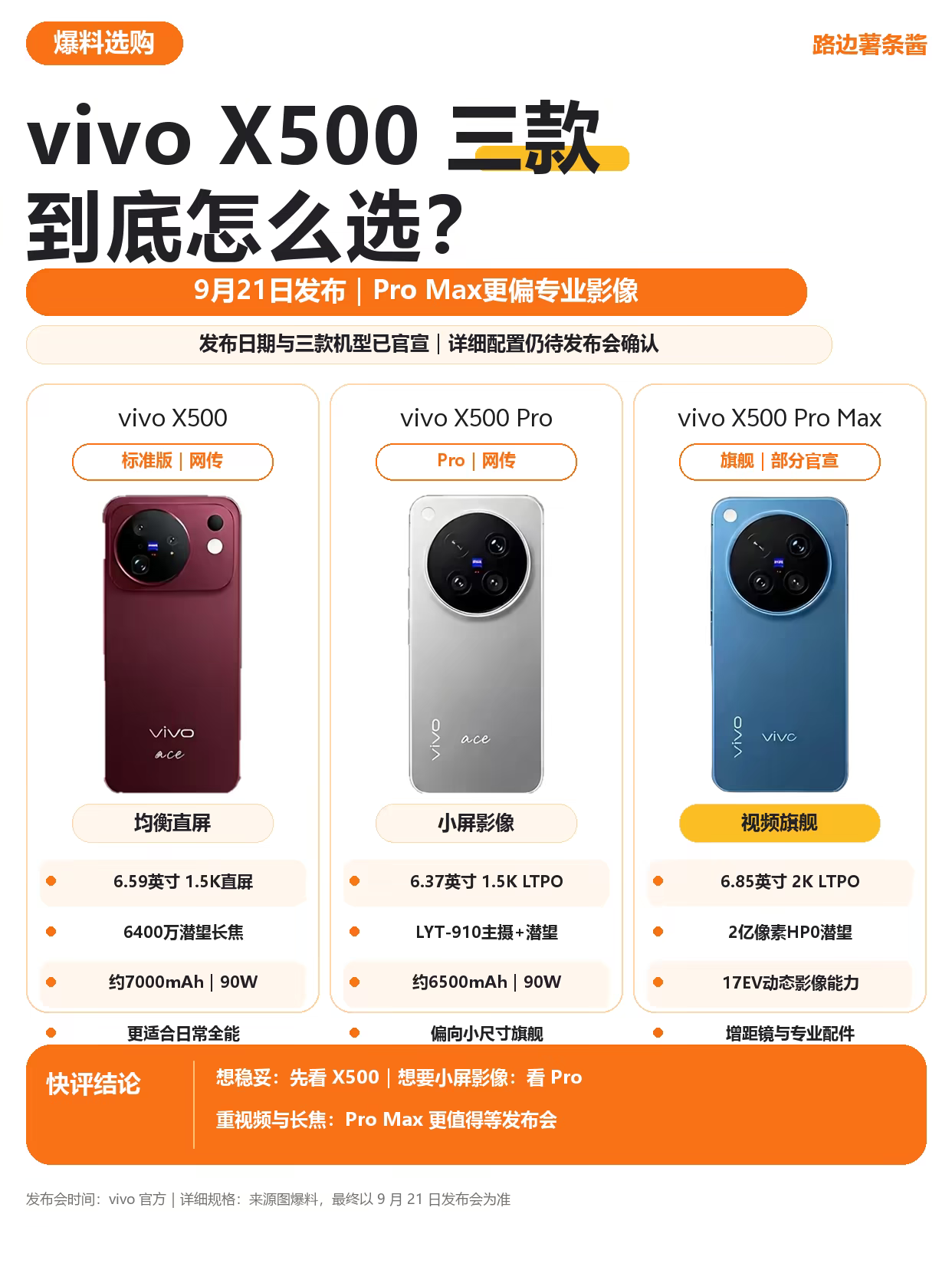 vivo这次X500系列的刀法挺精准。标准版就是给大多数人的“万金油”，直屏、大电池，日常用着最顺手。Pro版明显是照顾小屏爱好者，尺寸控制得好，影像也没缩水，是真正的“小钢炮”。至于Pro Max，那就是给视频创作者和参数党准备的，堆料最猛。

我的建议很简单：不折腾选标准版，追求手感和拍照平衡选