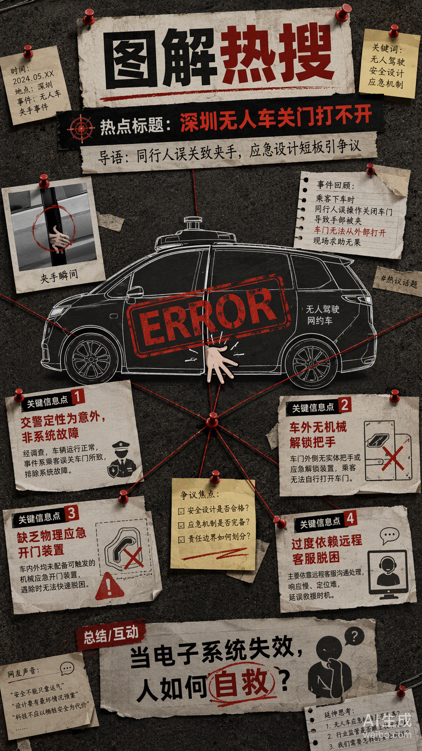 #深圳无人驾驶网约车关门打不开#这起事件交警定性为同行人误关导致的意外，但它精准命中了无人驾驶商业化狂奔中最隐秘的“系统漏洞”：应急设计的物理冗余缺失。

在传统的驾驶逻辑里，司机是一个具备高度灵活性的生物冗余接口。当电子锁失效或发生误判时，司机的肌肉记忆和物理力量是最后的逃生防线。 ​