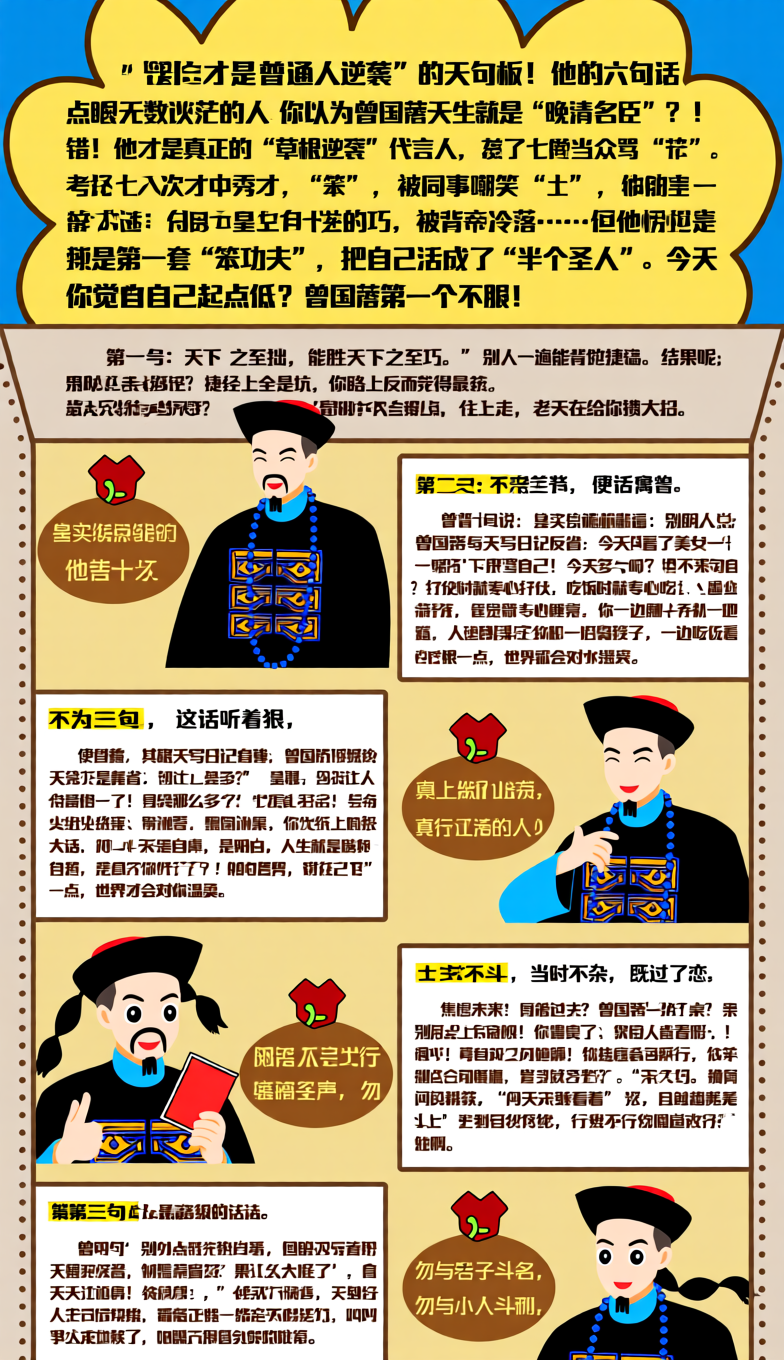 标题：曾国藩才是“普通人逆袭”的天花板！他的六句话，点醒无数迷茫的人

你以为曾国藩天生就是“晚清名臣”？错！他才是真正的“草根逆袭”代言人。考了七次才中秀才，被考官当众骂“笨”，被同事嘲笑“土”，被皇帝冷落……但他愣是靠一套“笨功夫”，把自己活成了“半个圣人”。今天你觉得自己起点低？曾国藩第一个不
