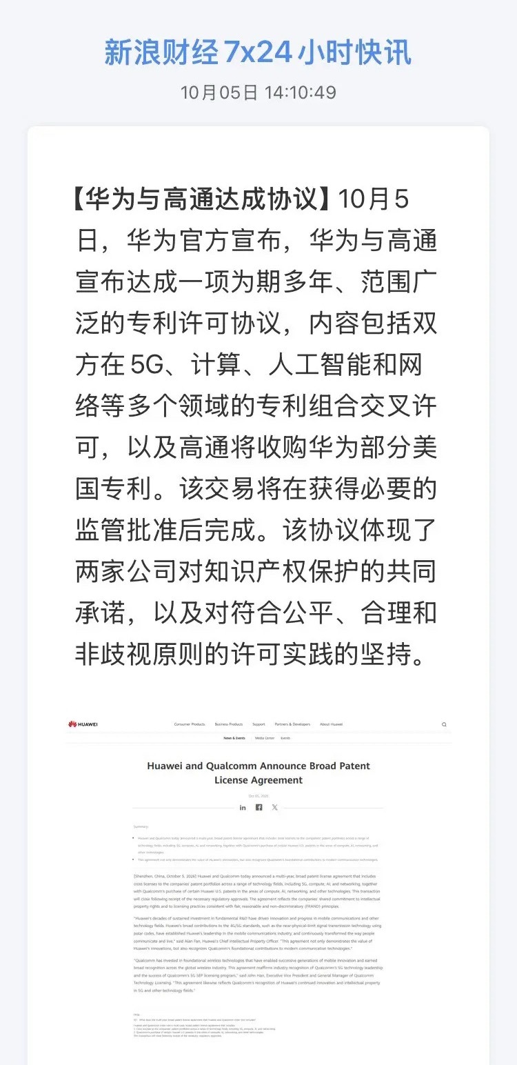 利好！华为产业链、通信板块节后稳了？

10月5日华为突然官宣与高通达成多年期专利大单，5G、计算、AI、网络四大领域专利组合交叉许可，高通还要反过来掏钱收购华为的美国专利——假期还剩两天，这消息够持股过节和持币过节的人都琢磨一阵了。

先说事。根据华为官网10月5日公告，协议有两块：一是双方 ​