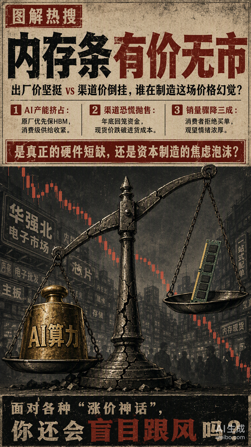 内存条这波“有价无市”的戏码，看得人挺感慨。上游原厂为了保AI算力订单，把产能掐得死死的，出厂价还在那硬撑；可到了咱们消费者手里，渠道商却因为年底要回笼资金，开始恐慌性甩卖，甚至出现了进货价比现货价还高的倒挂怪象。

这像极了我们之前聊过的那些被平均的数据，看着光鲜亮丽，实则离普通人 ​