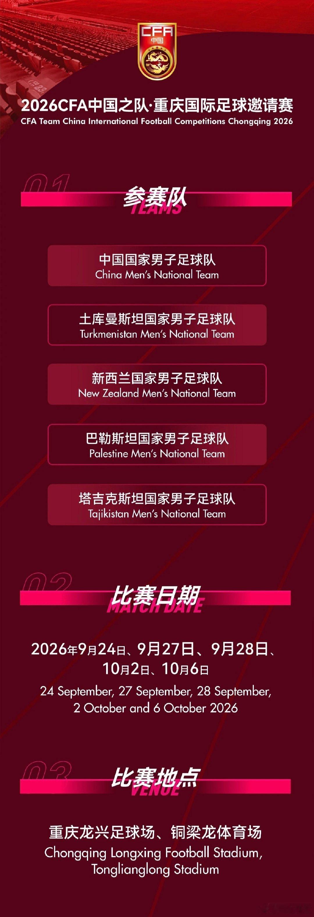 十一可以冲重庆了！⚽🔥

国足9月24日-10月6日迎来重庆国际足球邀请赛，参赛球队还有土库曼斯坦、新西兰、巴勒斯坦、塔吉克斯坦。期待吧！

#国足约战世界杯球队##国足##国足[超话]# ​