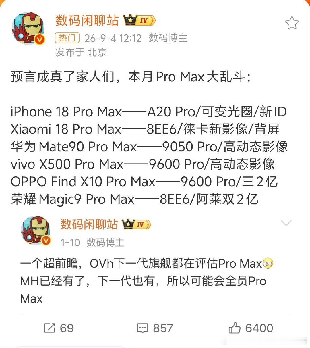 #Pro Max大乱斗#今年机圈是真热闹啊，产品节奏跟着内存涨价也都进行了调整，今年大部分Pro产品都升杯至Pro Max，不仅配置提升价格也跟着提升。A20 Pro、联发科天玑9600、高通骁龙8EE6以及华为海思麒麟9050 Pro旗舰芯片也一样大乱斗，精彩至极。 ​