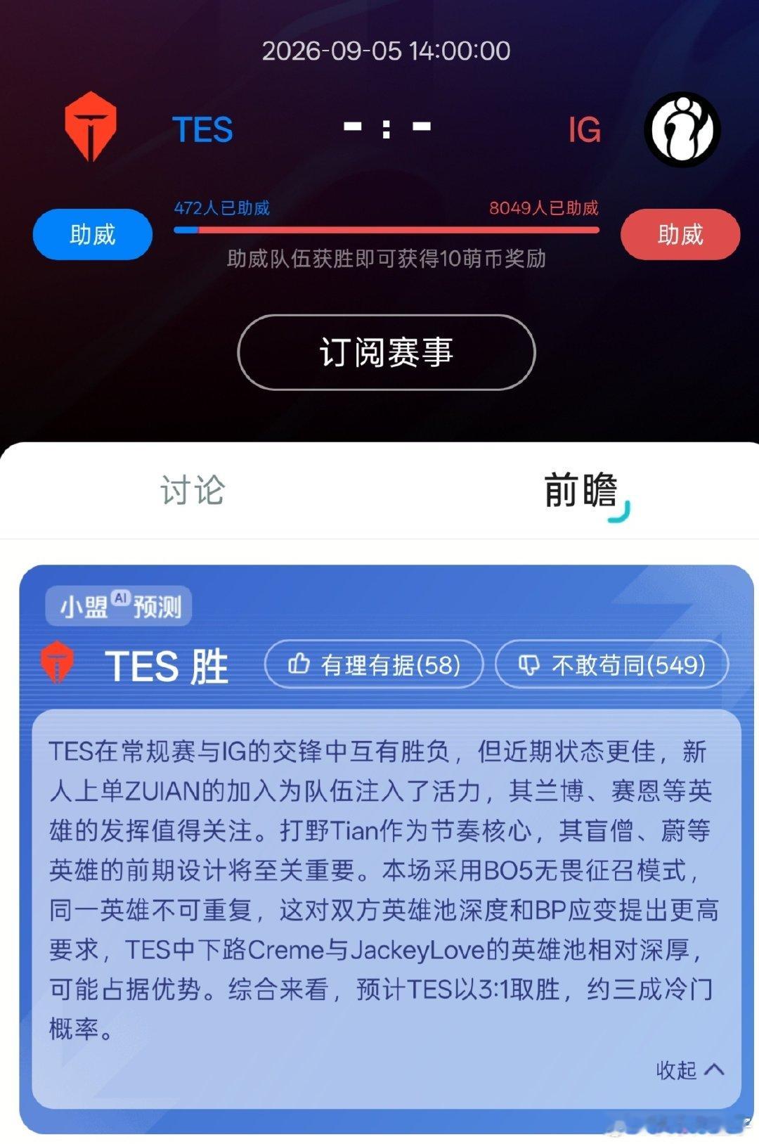 小盟AI预测TES 3比1 iG，爆冷概率约三成。

取胜关键：
1.ZUIAN的发挥值得关注。
2.Tian盲僧、蔚的前期设计。
3.Creme、JackeyLove的英雄池占据优势。

58人觉得有理有据，549人不敢苟同[柯基]

#ig季后赛首战即决战##ig冠军三叉戟同台##tes对战ig##英雄联盟赛事官方[超话]# ​