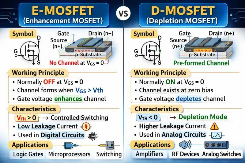 你是否曾经好奇是什么让 E-MOSFET 和 D-MOSFET 区别开来？
🔹