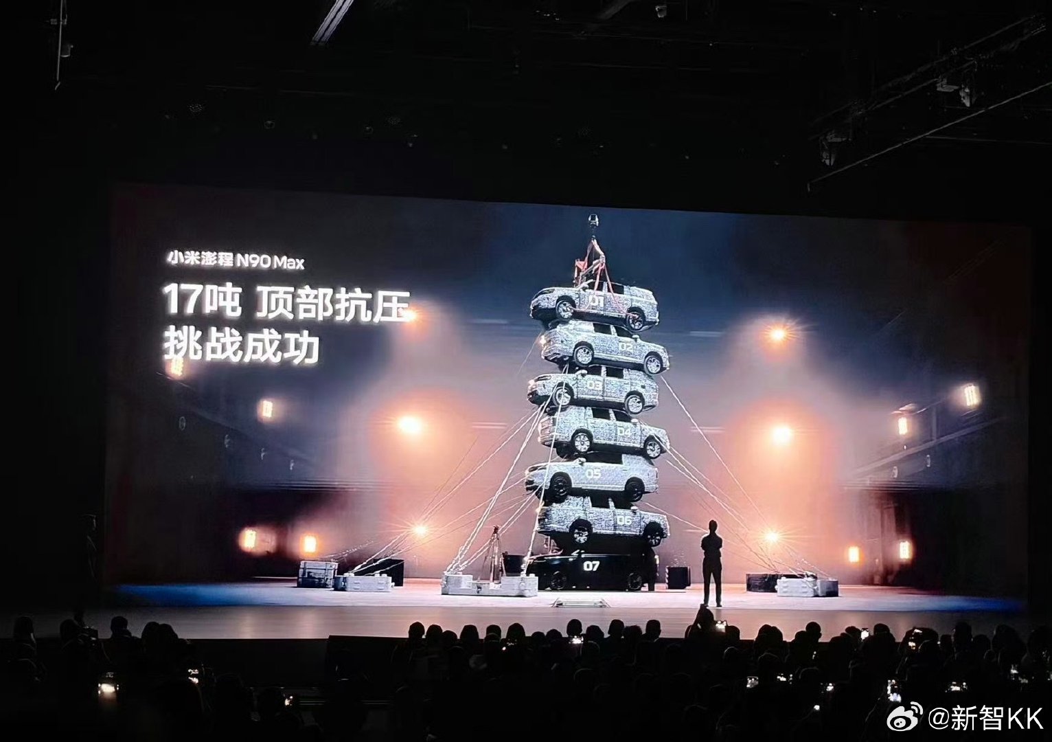 #小米澎程N90抗住17吨顶压试验#17吨重量压在车顶，还能保证车门正常打开，小米澎程N90这波顶压测试确实很有看点。很多人只看内饰、续航，却忽略车身刚性才是家用SUV的底线。

国标3倍自重只是及格线，N90做到接近6倍自重的极限测试，背后是整套车身结构的硬实力。铠甲笼式车身架构，多处2200MPa超强钢，一体化热成型门环，再加一根2.5米内嵌式防滚架，遇到重压可以把冲击力分散开，尽量守住乘员舱生存空间。

不光车身够硬，气囊配置也拉满，12个气囊，超长侧气帘覆盖三排座位。对于七座家用车来说，全车人的安全才是最重要的。看得见的配置固然重要，看不见的车身安全，更能看出一台车的诚意。#大v聊车#
