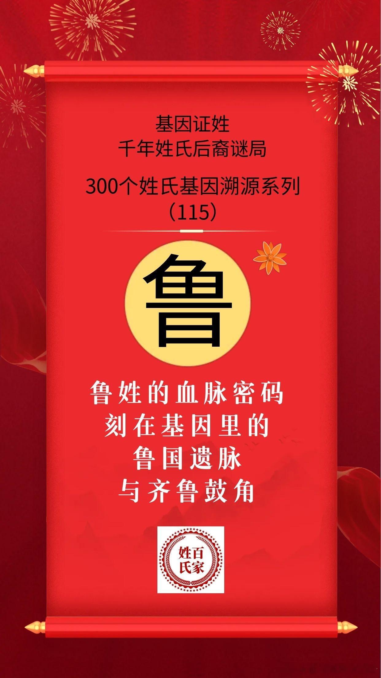 【（115）鲁姓的血脉密码：刻在基因里的鲁国遗脉与齐鲁鼓角】

出自
【基因证姓：千年姓氏后裔谜局】
——300个姓氏基因溯源系列（115）

在所有“以国为氏”的姓氏里，鲁最特别的一点，是它虽尊周公旦—伯禽所建鲁国（今山东曲阜）为公族主源、楚灭鲁（前256）后公族以国为氏；

但分子人类学爆出的结 ​