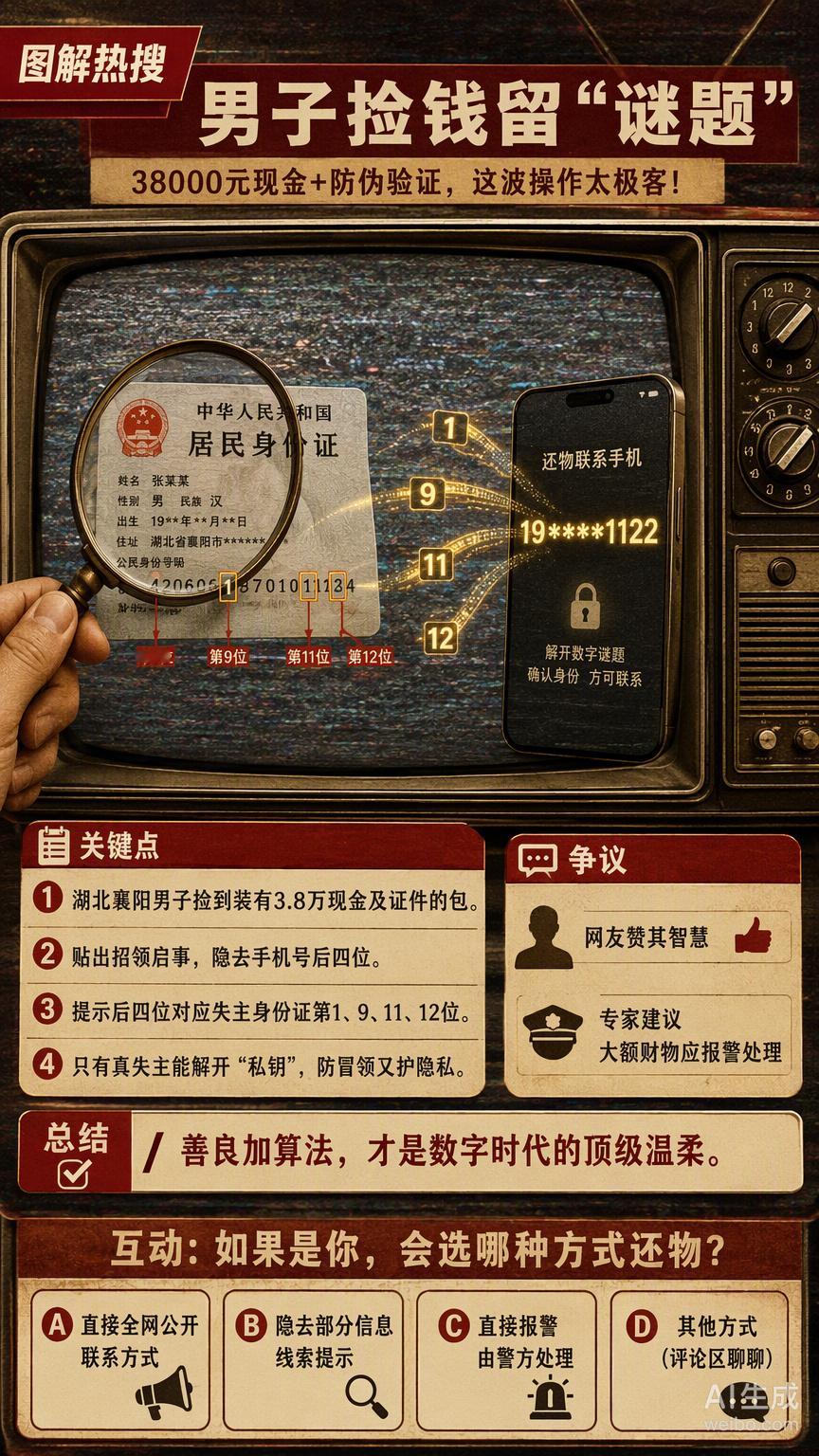 #男子捡到38000元留了道题给失主#捡到 38000 元没直接留电话，而是搞了个“身份验证谜题”，这操作太极客了。
襄阳这位大哥把手机号后四位藏进了失主的身份证号码里，提示对方去对应位置找数字。这不仅防住了冒领攻击，还避免了个人信息被恶意注入骚扰。在如今隐私泄露泛滥的环境下，这种自带“防伪标 ​