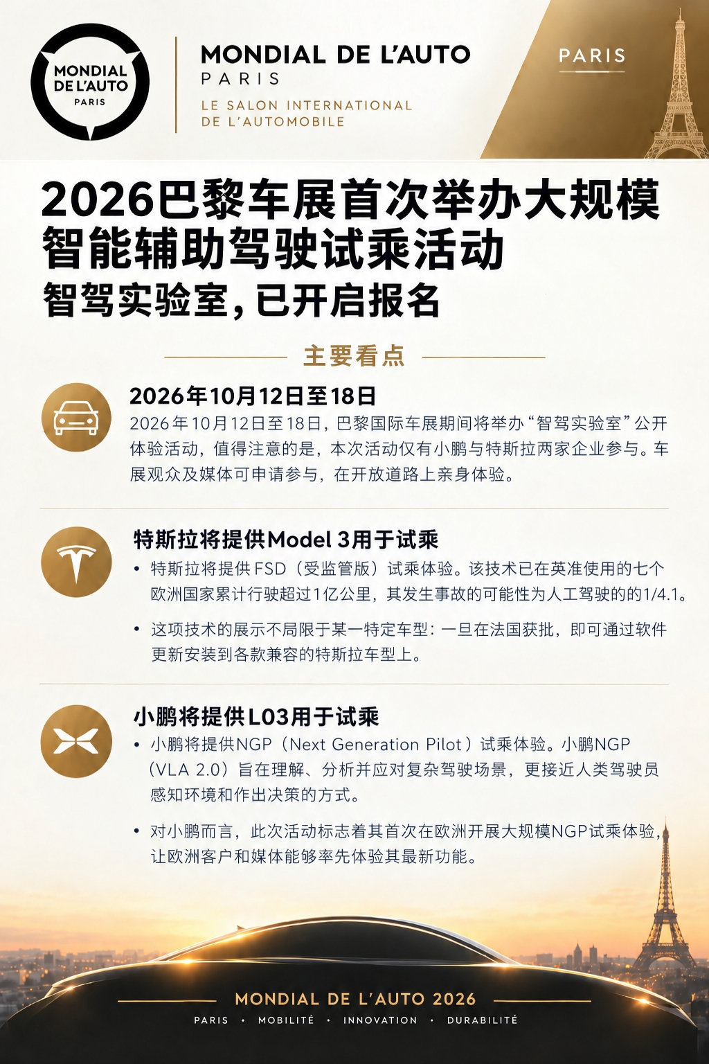 所以……巴黎车展邀请了所有参展车企，最后只有特斯拉和小鹏接受了邀请？[二哈][二哈]

而且这还是邀请媒体体验，意味着要接受无数个镜头真实考验，这没点实力和自信还真搞不来……[淡淡的] #巴黎车展官方公开体验特斯拉小鹏##小鹏在欧洲开启NGP大规模公开体验# ​
