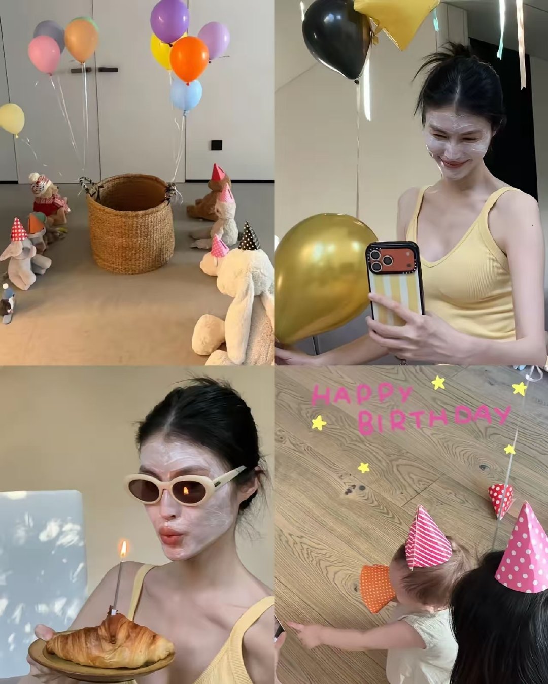 何穗为爱子一岁生日亲手布宴，气球轻悬暖光摇曳，她笑望稚子蹒跚，满室温柔皆是母心深情。 ​