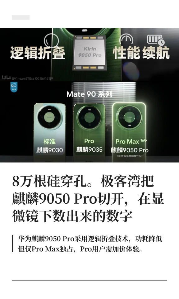 8万根硅穿孔。极客湾把麒麟9050 Pro切开，