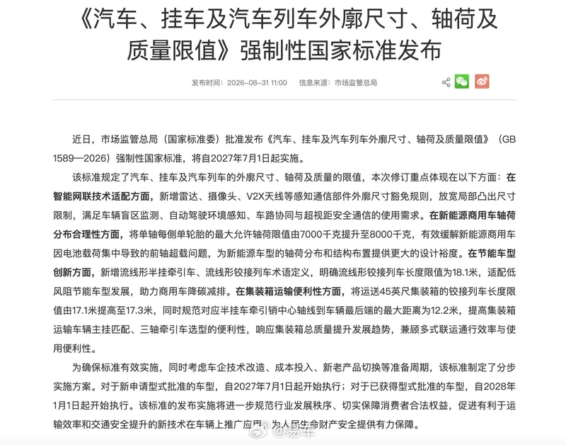 #汽车情报局#【市监总局发布汽车外廓尺寸强制性国家标准 2027年7月1日起实施】近日，市场监管总局（国家标准委）批准发布《汽车、挂车及汽车列车外廓尺寸、轴荷及质量限值》（GB 1589—2026）强制性国家标准，将自2027年7月1日起实施。
该标准规定了汽车、挂车及汽车列车的外廓尺寸、轴荷及质量的限值 ​