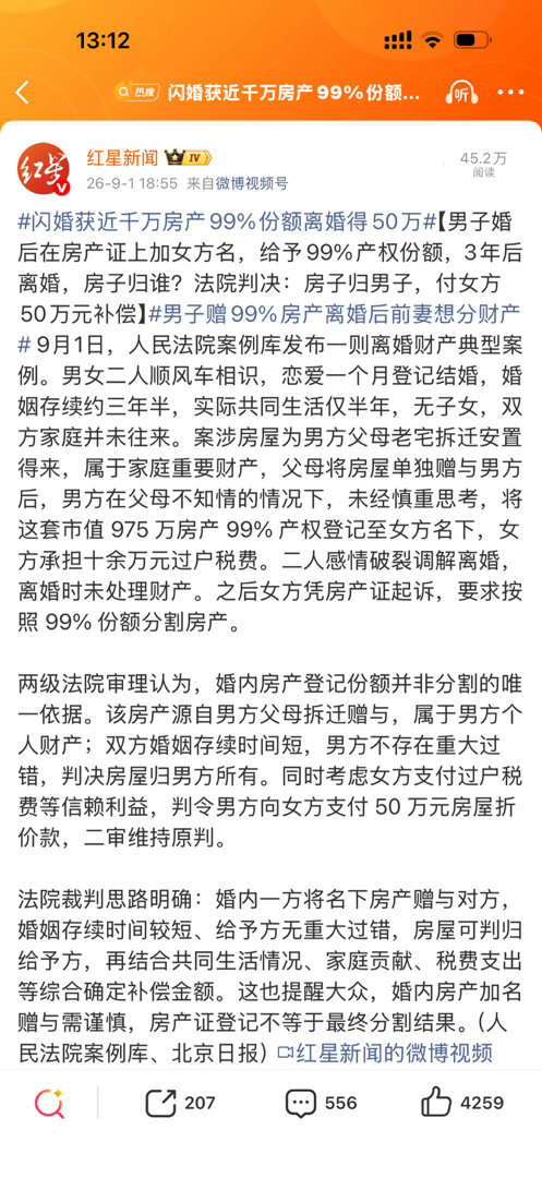 热搜上#闪婚获近千万房产99%份额离婚得50万#是一个典型的老案例。具体背景是我国2011年立法开始搞婚姻房产加名，推“加名即赠予”，也就是说，给配偶加名就相当于赠予配偶50%的房产，但是配偶要靠离婚才能套现。后期就演变出了加名99%甚至买房全写配偶名的案例，并引发了一系列争议。

这类争议以前很 ​