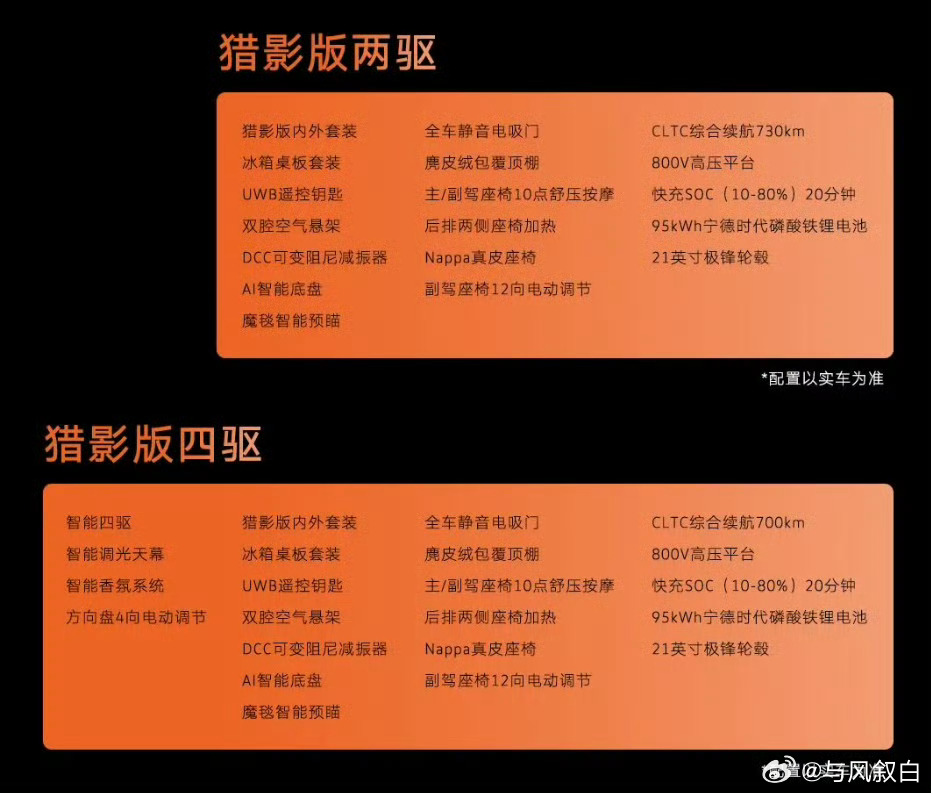 9月12日大众安徽与众08猎影版上市，21.99万起标配双腔空悬+采埃孚DCC。这个价位的竞品是谁？比亚迪唐EV、小鹏G9、极氪7X、零跑D19。唐EV同价位没有空悬，小鹏G9要上到30万以上才给双腔空悬，极氪7X的空悬也是选装。猎影版直接把空悬做成标配，等于告诉所有人：以前需要加钱选的东西，现在白送。这招狠 ​