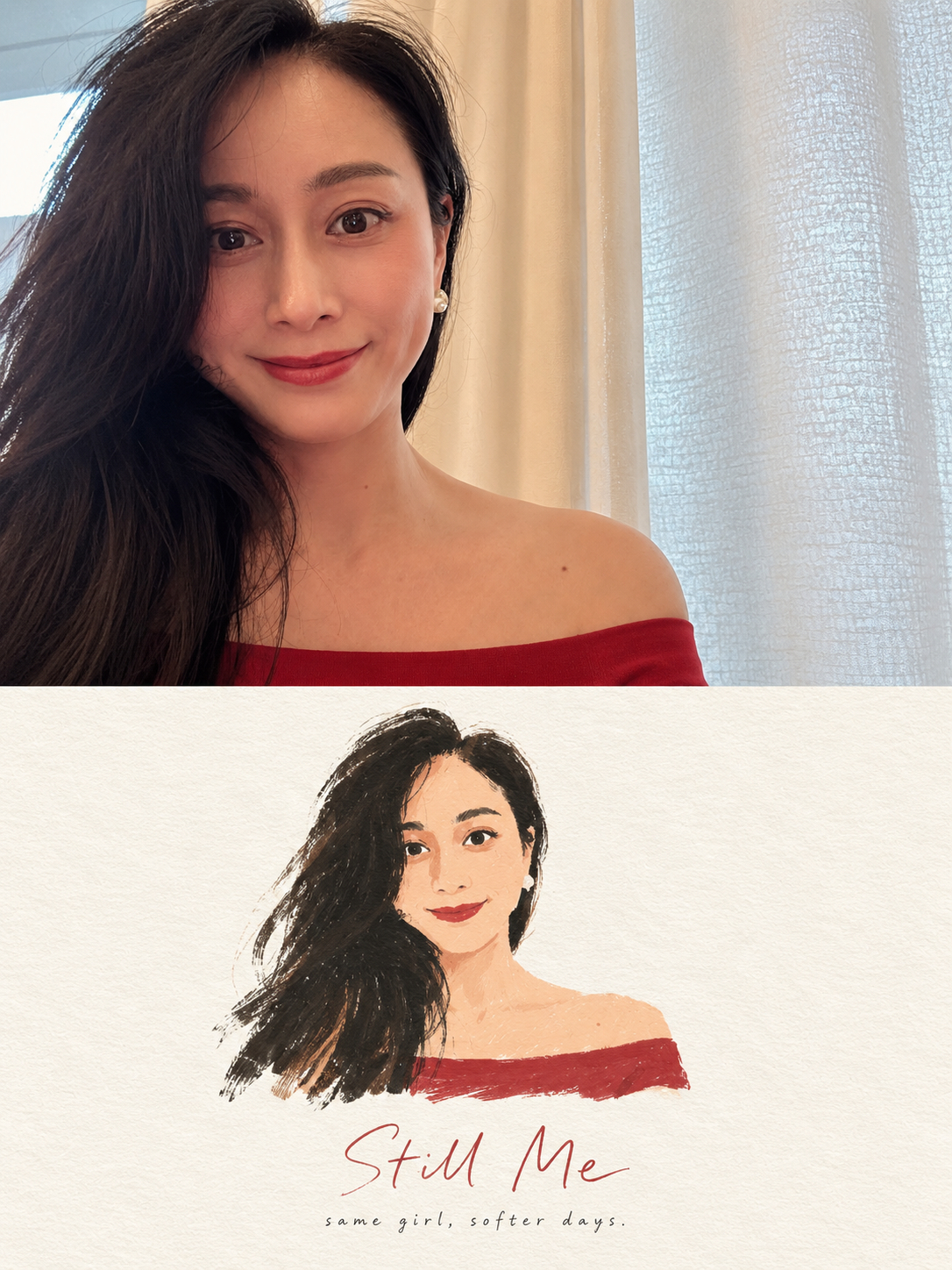永远要相信chatgpt的审美。

让chatgpt按照我的指令生成一副插画风格自拍。美屎了，科科。

⬇️指令：

Create a separate high-end editorial poster for each uploaded photo. Do not combine photos.
 
Strict 3:4 vertical, split horizontally 50/50.
 
Top: Keep the original photo faithful a ​