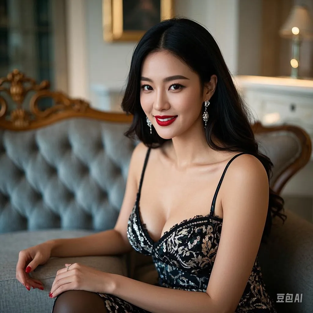 优雅红唇女郎，奢华客厅中坐，惊艳迷人。