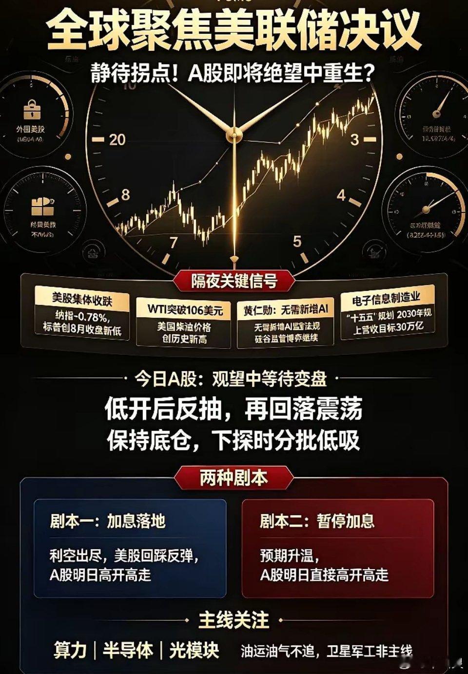 全球聚焦美联储决议,静待拐点!A股即将绝望中重生！
​一、隔夜消息
​​1. 美股三大指数集体收跌，纳指跌0.78%，标普500创8月以来收盘新低。板块分化：能源板块大涨。
​​2. 原油继续走强，WTI站上106美元，美国柴油价格创历史新高。
​​3. AI行业持续博弈：黄仁勋表态不需要新增AI监管法规。
​4.电 ​