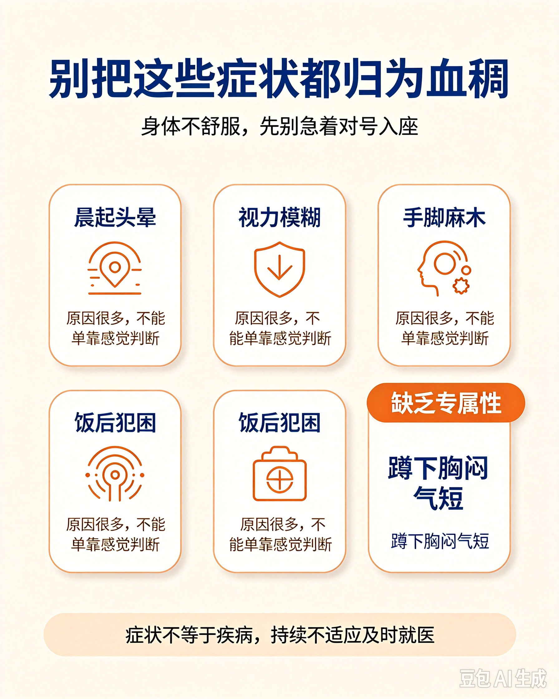 网络流传的血液黏稠自测方法，误导了无数普通民众。五种所谓对应症状，让大量人群盲目对号入座、无端焦虑。可大众是否真正深究过，这些身体感受，真的可以判定血液状态异常吗？
 
晨起头部昏沉、视物模糊不清、四肢莫名发麻、餐后精神困倦、下蹲呼吸憋闷，成为网传判定血稠的五大标准。细细推敲便能发现，这些体感表现毫