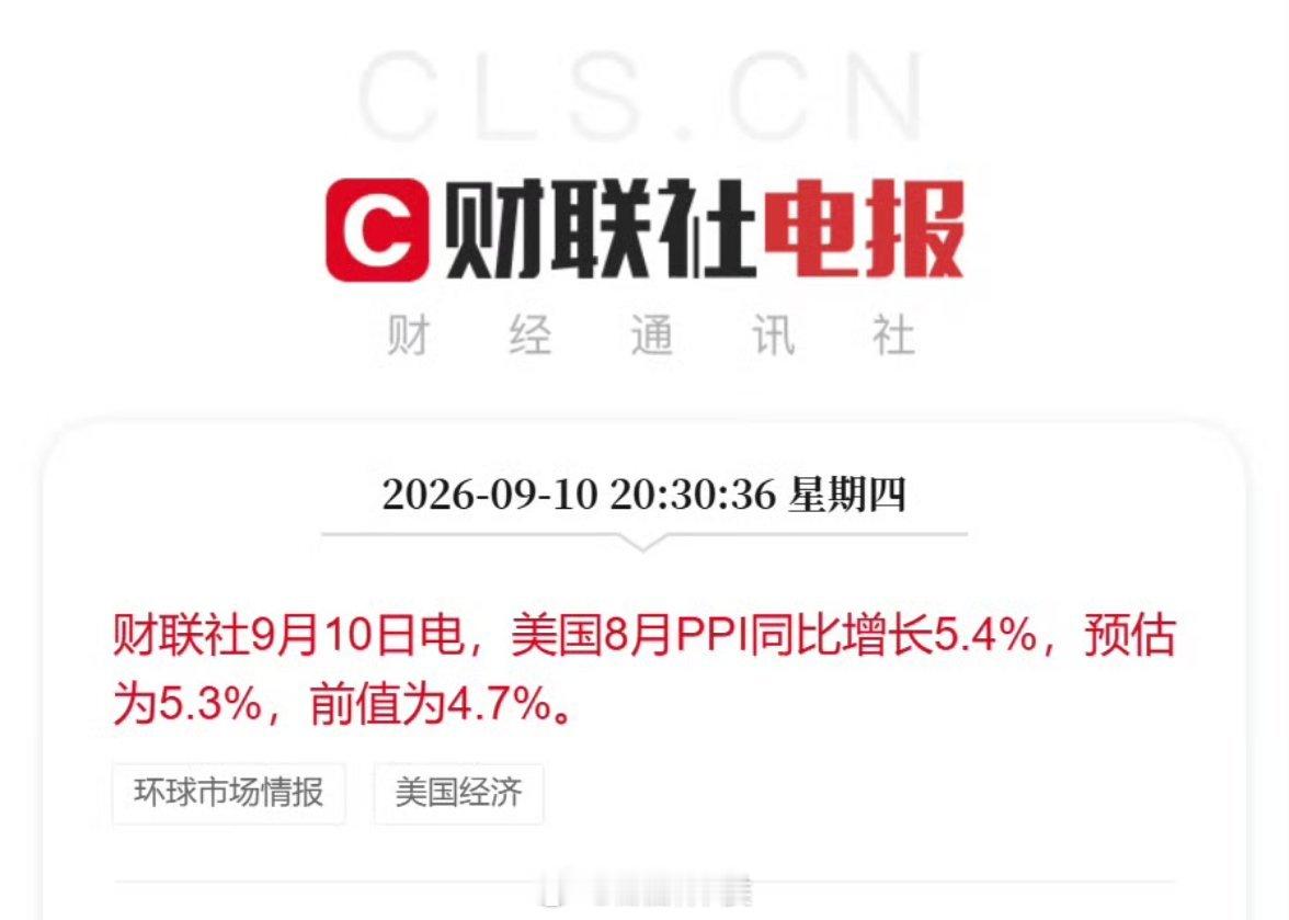 美国8月PPI同比增长5.4%，预估为5.3%，前值为4.7%。

PPI是生产者物价指数，代表上游工厂、企业拿货的成本，属于CPI的先行指标。上游涨价，后续会慢慢传导到下游消费品端，直接影响美联储的通胀判断。 ​​​​8月PPI超预期回升，是一个通胀“逆风信号”，接下来重点看CPI数据是否同步走高。 ​