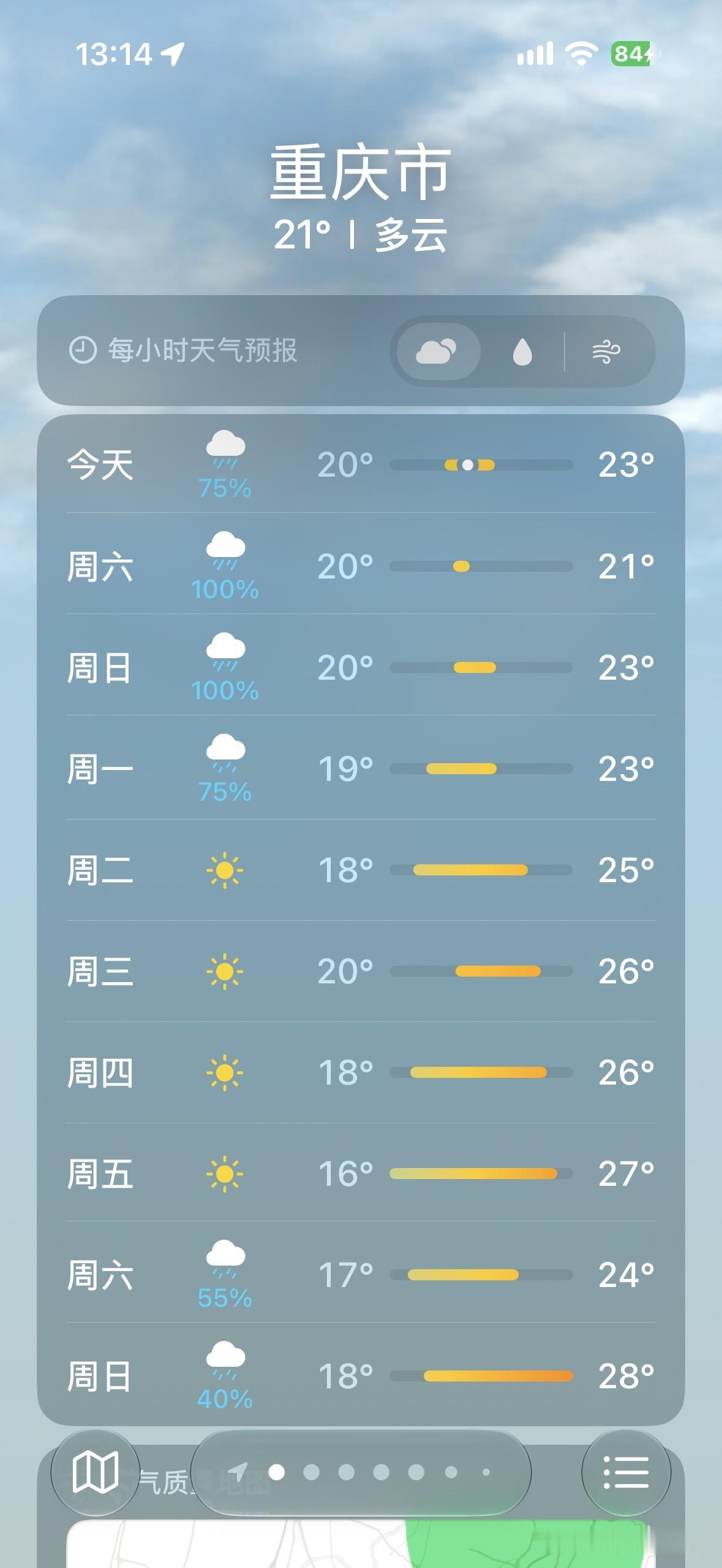 超级大惊喜！10月2日下午，我掏出苹果iphone手机，打开苹果iphone手机自带的天气预报APP……令人震撼的好消息来啦！10月6日，星期二，重庆主城区，大太阳要回来啦！10月6日到9日，连续4天，大太阳暴晒，重庆的华西秋雨终于要按下暂停键啦！

惊喜不惊喜？！震撼不震撼？！

这可是晴天霹雳的