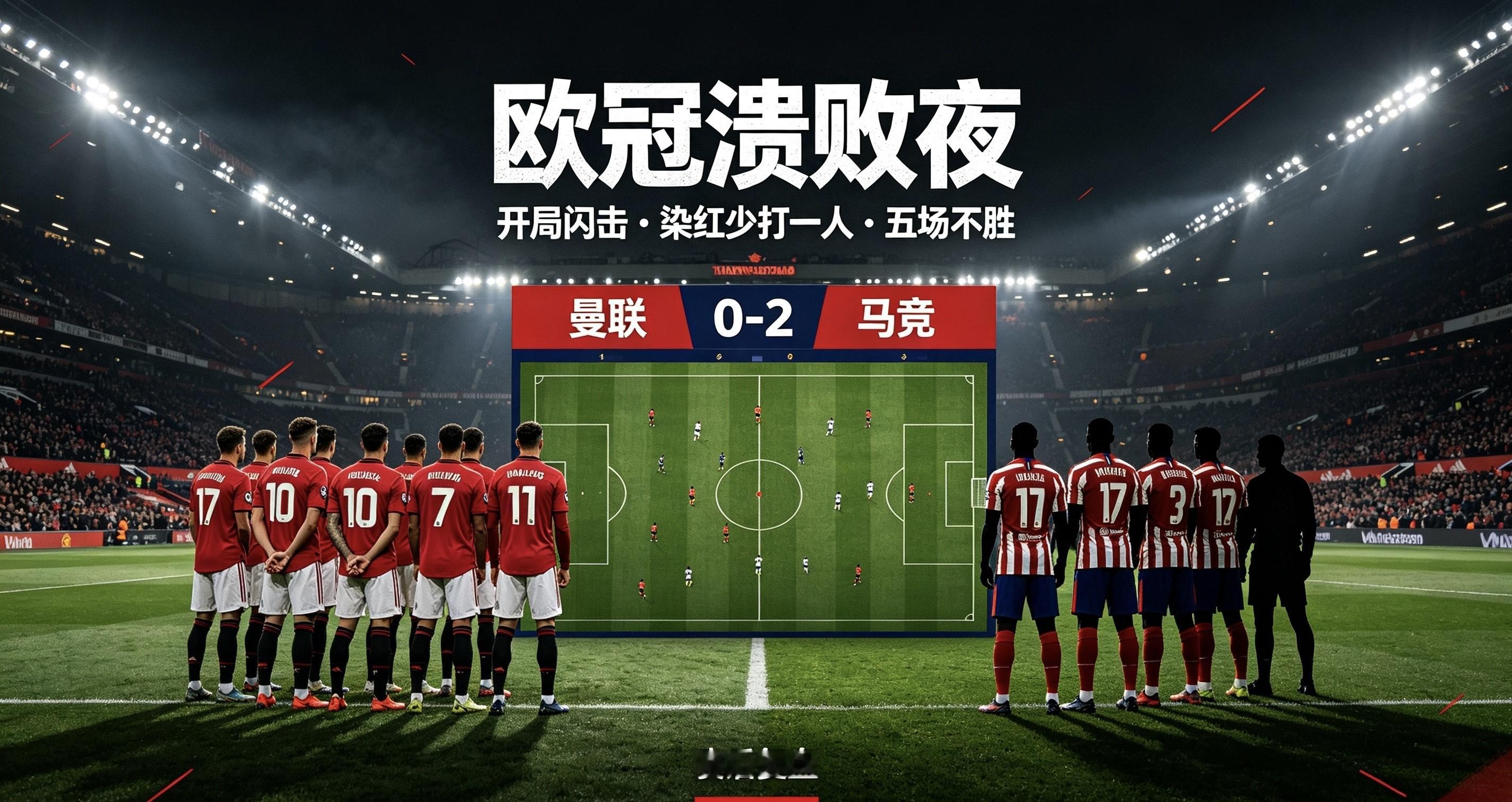 闪电丢球+染红溃败！曼联0-2不敌马竞，五场不胜跌入低谷

欧冠赛场再爆冷门！26/27赛季欧冠联赛阶段第二轮焦点大战，红魔曼联做客挑战铁血马竞，开局崩盘、中途少打一人，最终以0-2完败对手，陷入五场赛事不胜的尴尬泥潭，昔日豪门光环彻底黯淡。
本场比赛的崩盘从开局便猝不及防。裁判哨响仅仅50秒，马竞