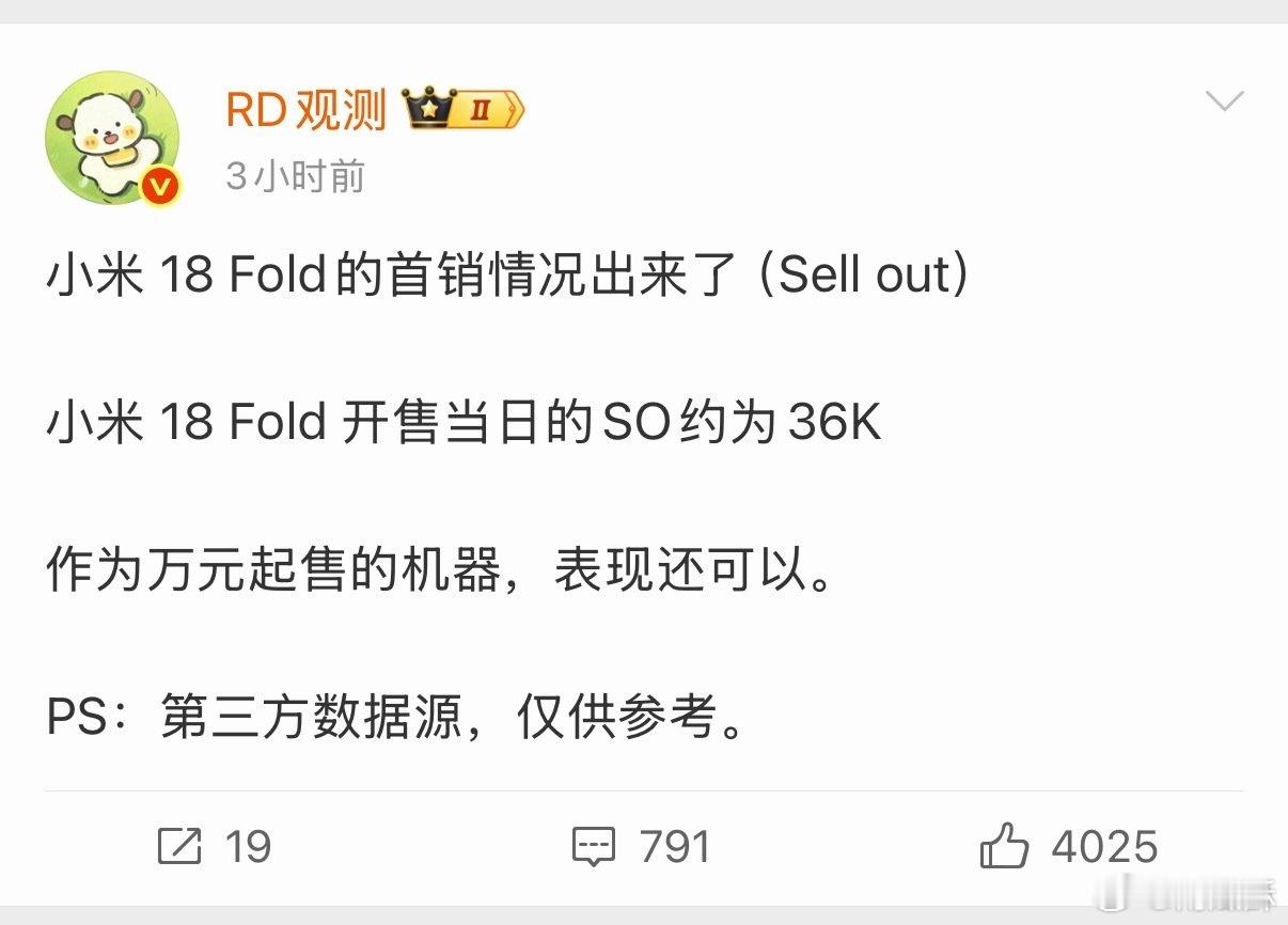 小米 18 Fold 首销当日 SO 约为 36K。

很不错啊这个成绩。 ​