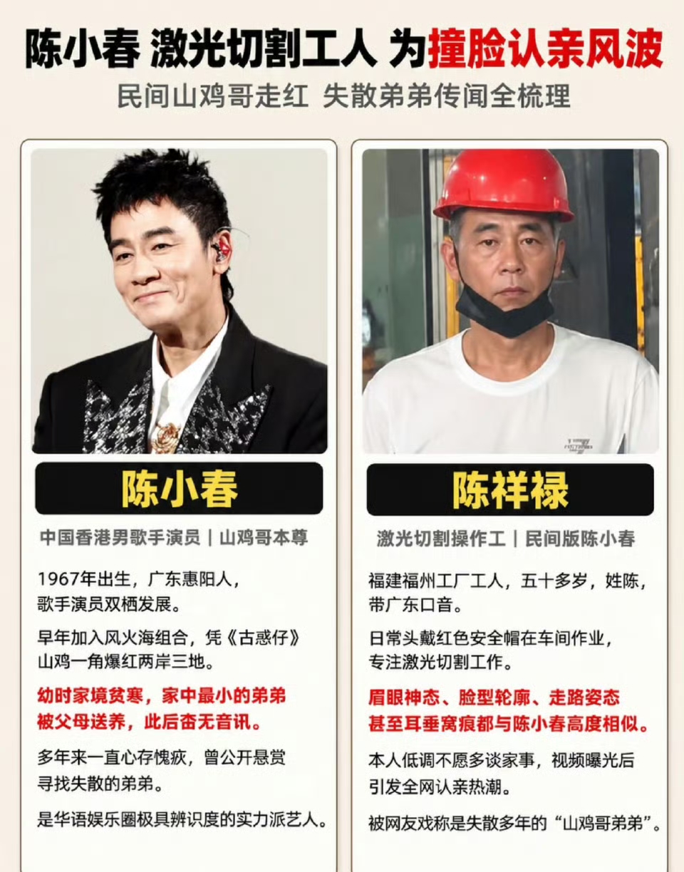 最近刷到的瓜给我整懵了，陈小春失散多年的弟弟居然疑似找到了？
之前陈小春在节目里说过，小时候家里穷得揭不开锅，弟弟被父母以3000块的价格送养，之后就彻底断了联系，这么多年一直没找到。
结果最近福建福州一家工厂里，拍出来个50多岁的工人陈祥禄，眉眼神态、连摘安全帽的侧脸弧度都和陈小春几乎复刻，连耳朵