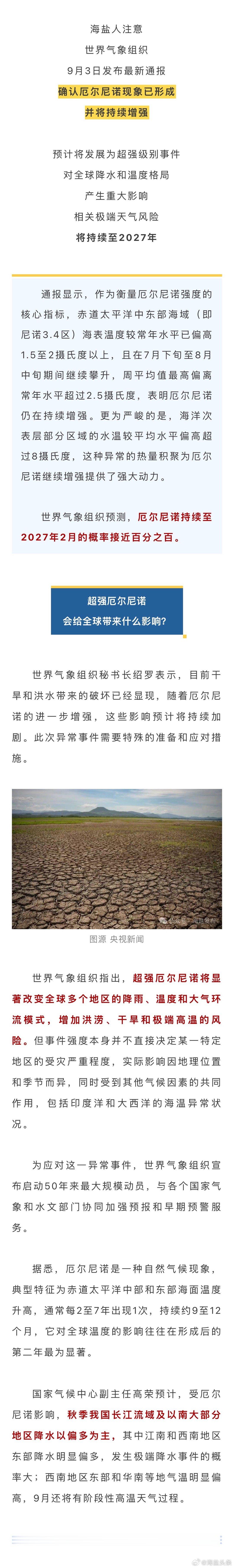 #已形成 超强厄尔尼诺要来了# 海盐人注意，世界气象组织9月3日发布最新通报，确认厄尔尼诺现象已形成并将持续增强，预计将发展为超强级别事件，对全球降水和温度格局产生重大影响，相关极端天气风险将持续至2027年。 ​