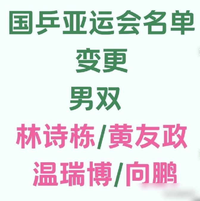 国乒临阵突发换人，这次教练组终于听劝了！
昨天亚运会官网悄悄改了名单，林诗栋和黄友政重新锁死。
这俩人一左一右，拿过两个大满贯亚军，登顶过世界第一，此前非要强行拆对，球迷全看懵了。
如今兜兜转转又合体，说白了，为了保金牌必须低头纠错，剩下向鹏和温瑞博这俩右手搭档，直接成了战术试验品。
但最惨