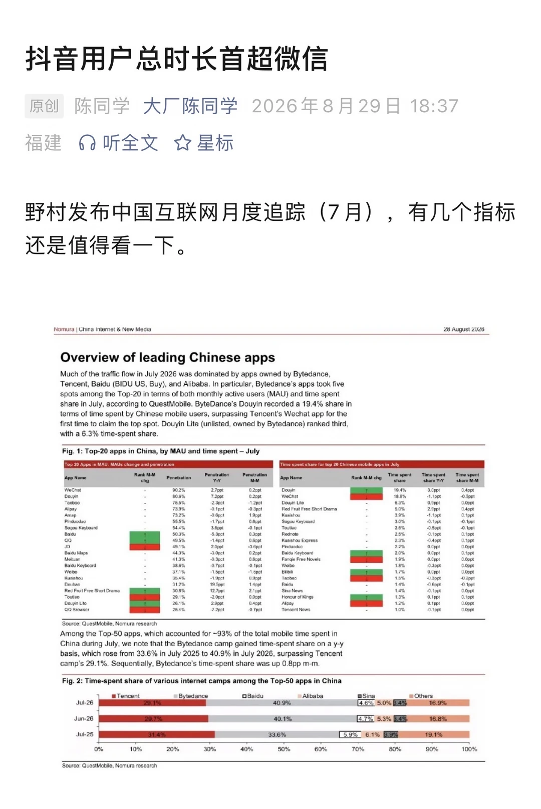 抖音用户总时长首次超过微信