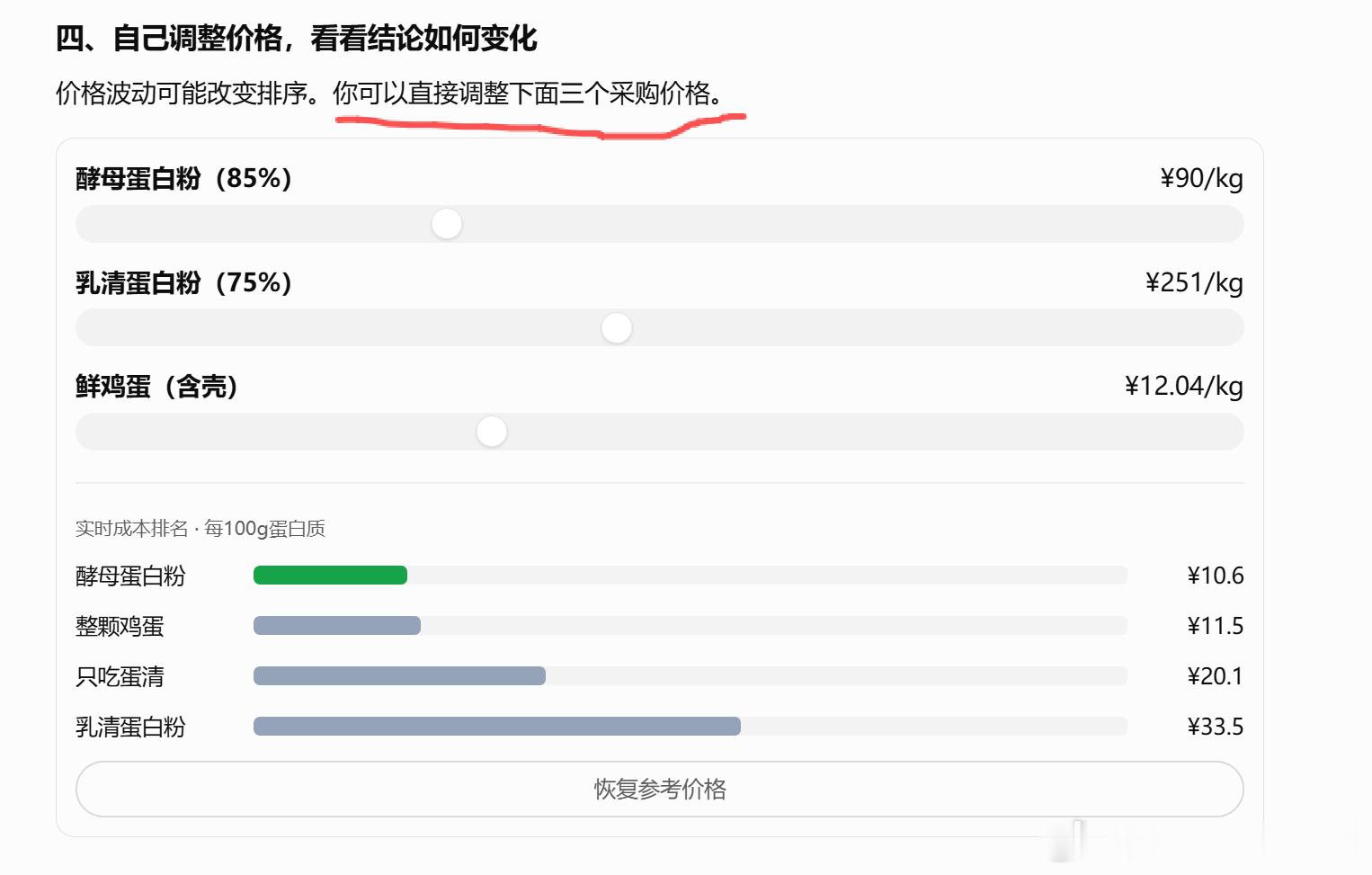 #GPT6聊天模式有哪些惊喜# 都在卷agent的时候，openAI把chat，也就是聊天模式优化了一下。
现在你和gpt聊天的时候，它会给你自动配图、做图标，还有各种交互。
就比如我咨询了一个蛋白质含量的问题，它会直接给你弄一个交互出来，让你自己手动调整价格，然后看哪个更实惠。
还会给你个图表，这样更清晰 ​