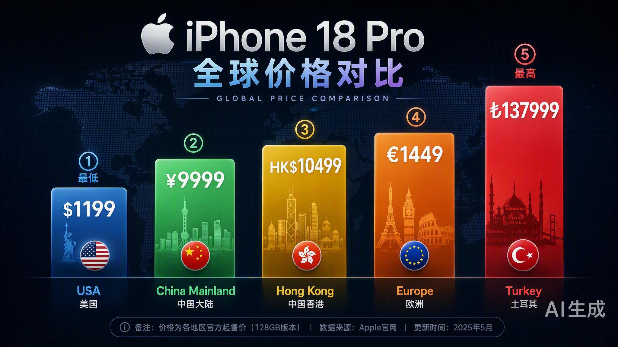 iPhone 18 Pro 这波全球定价，简直是苹果给不同地区用户量身定制的“数学题”。美版 1199 美元看着诱人，折合人民币才八千出头，但那是不含税的裸价，而且全系 eSIM 无实体卡槽，在国内基本就是块漂亮的砖头。

反观国行，起售价直接干到 9999 元，虽然比上代涨了 1000 块，但好歹支持双实体卡，还有全 ​