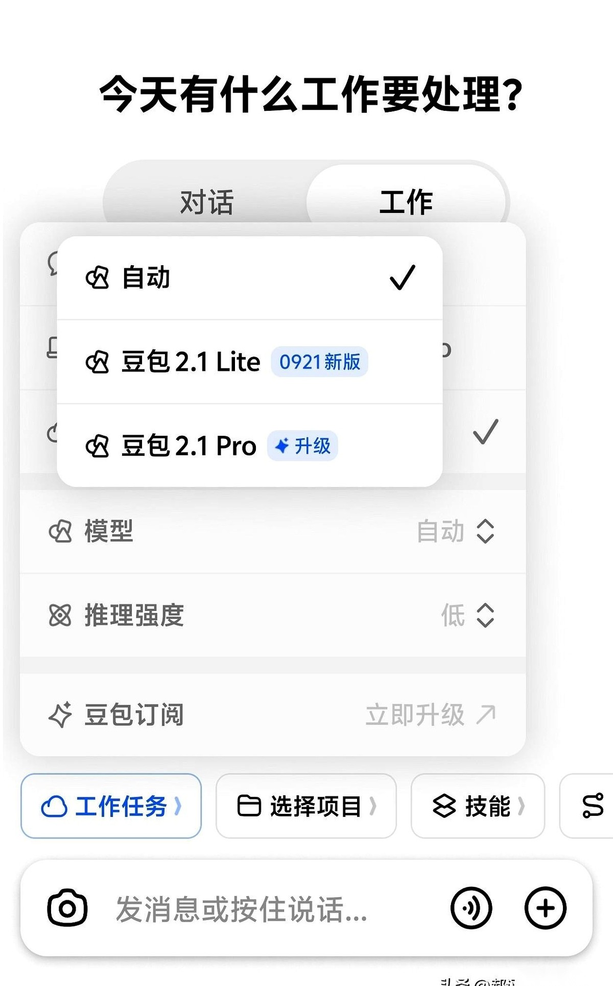 在豆包工作里点开模型下拉框，除去“自动”，能挑的只有豆包 2.1 Lite 和标注了“升级”订阅的豆包 2.1 Pro。
隔壁的 WorkBuddy 则把常听到的几个国产模型一字排开，用哪个点哪个，顺带标清楚吃掉多少积分。
用默认模式排出来的那份旅游攻略，至今还散成一段接一段的聊天记录，拿不出一版能