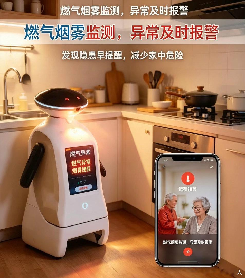 居家安全隐患，机器人帮你一键排查
       除了实时监测老人的身体状态，智能养老机器人还能全方位守护居家环境安全，成为老人居家生活的“环境安全员”，一键排查各类居家隐患，提前规避风险，为老人筑牢全方位的居家安全防线。对于老年人来说，居家环境中的安全隐患往往容易被忽视，比如燃气泄漏、烟 ​