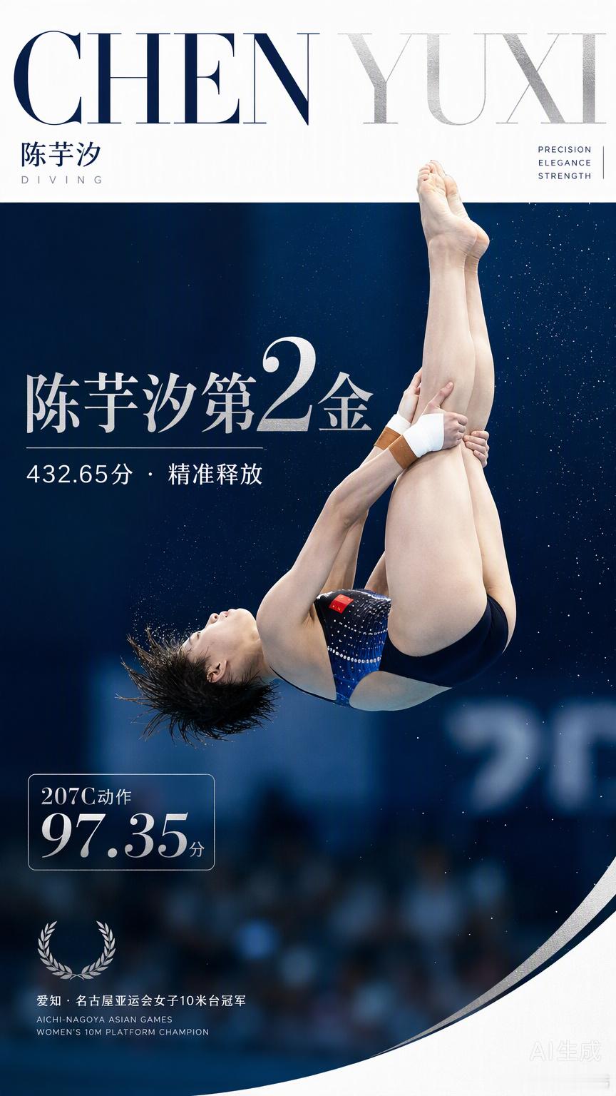 陈芋汐在女子10米台决赛中的表现，像极了一次对竞技状态“冗余备份”的精准释放。

面对爱知·名古屋的赛场压力，她在第四跳207C（向后翻腾三周半抱膝）中拿到了97.35分的超高分。这种操作逻辑暴露出的不是简单的技术优势，而是一种极其稀缺的边界校准。当身体机能在高强度赛程中持续消耗时，真正的掌控 ​