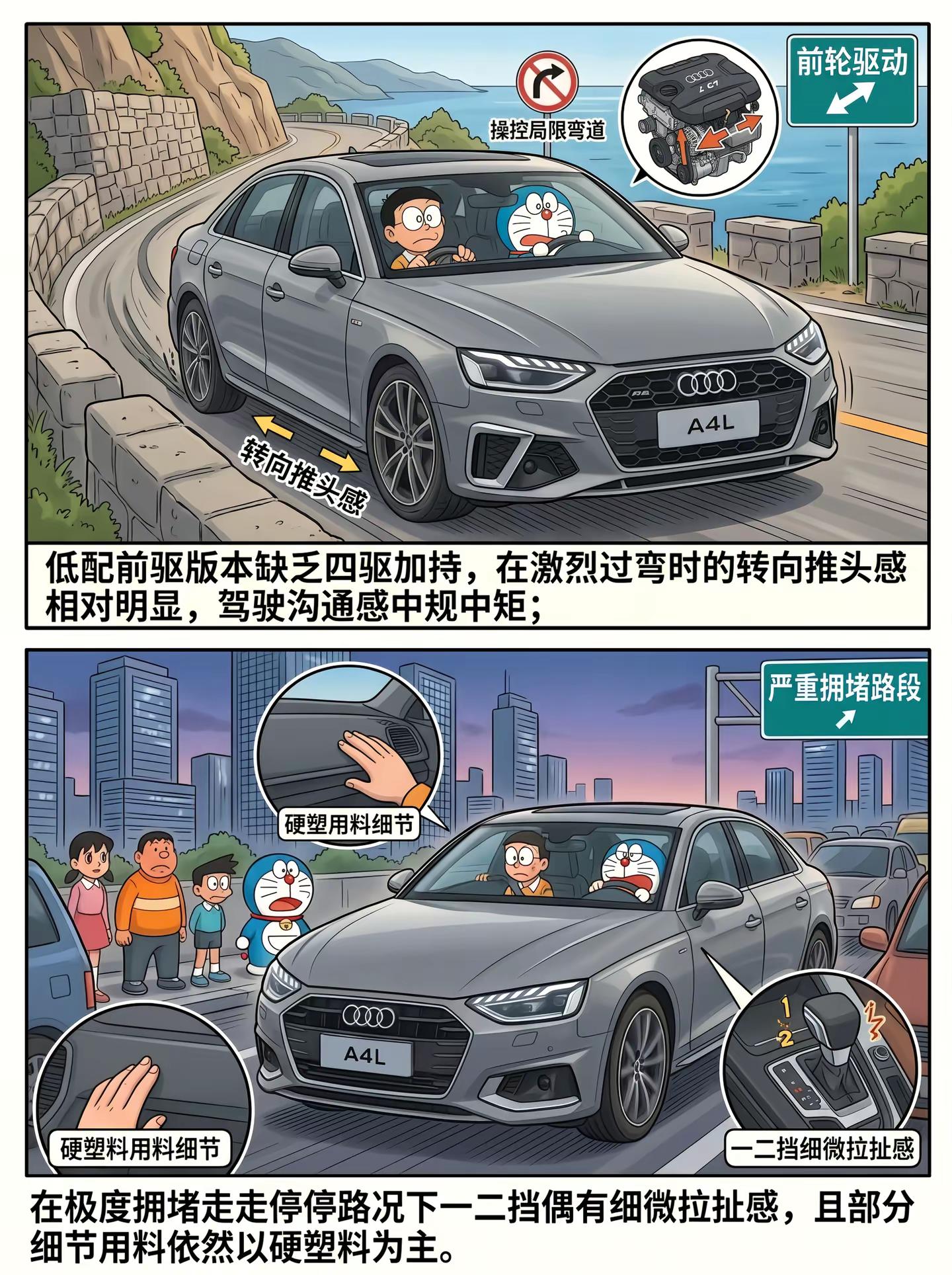 奥迪A4L✅EA888+湿式双离合换挡干脆，五连杆悬架底盘韧性强，高配Quattro四驱雨雪稳定性强，品牌认可度高，维保网点多流通性好；短板内饰设计偏老，车机智能化一般，低配前驱容易推头，低速偶有轻微拉扯，部分区域硬塑料较多梦想好车 宝藏车 奥迪用车知识