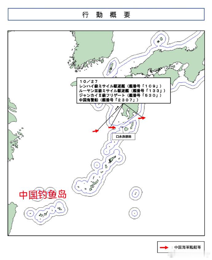 据“御用摄影师”发布的消息称，10月27号，由055型万吨大驱109东莞舰、052D型导弹驱逐舰133包头舰、054A型导弹护卫舰530徐州舰以及中国海警2307三门舰组成的中国海军/海警混合编队通过大隅海峡进入西太开展演训活动。

截止目前，人民海军云集在西太的水面舰艇除辽宁舰外，还计有055型万吨大驱4艘，052 ​