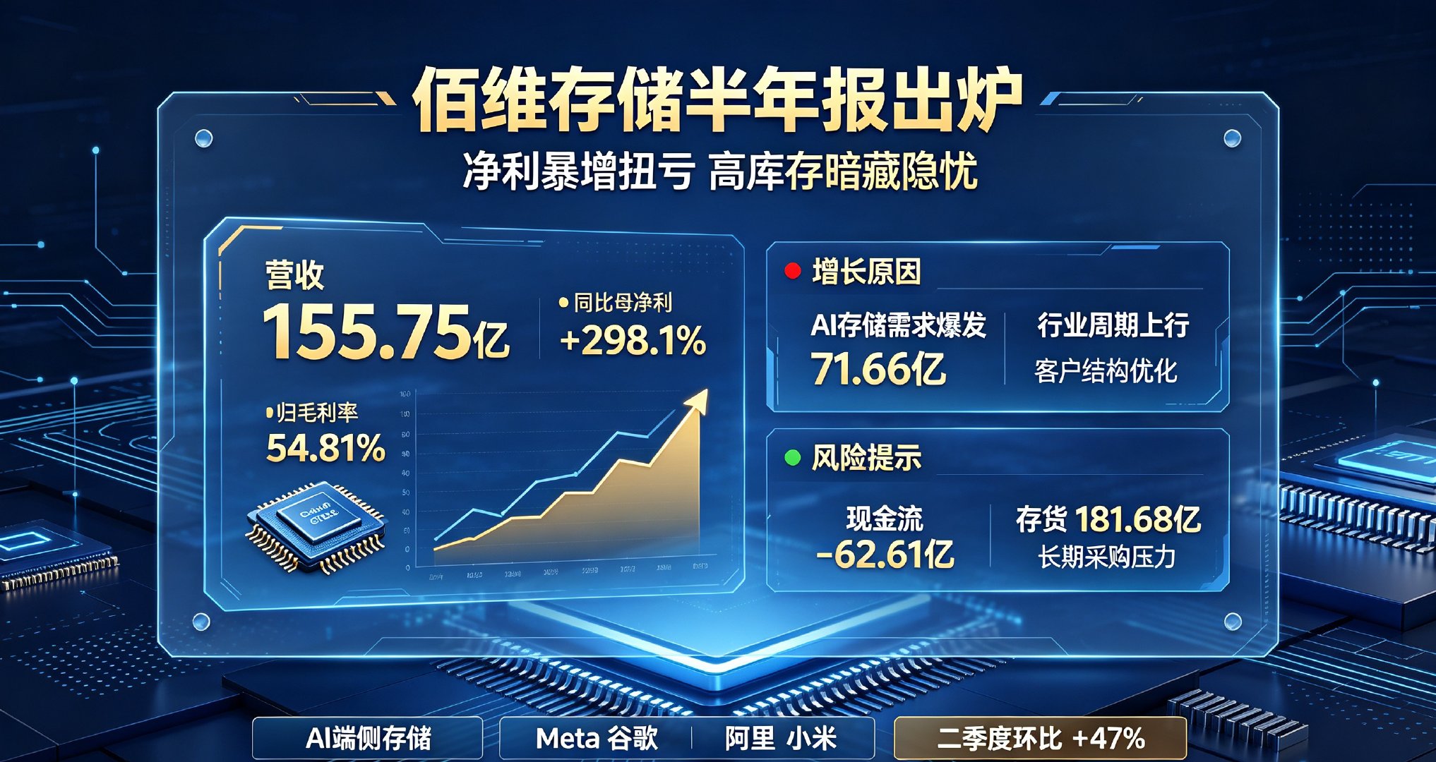 佰维存储半年报出炉：净利暴增扭亏，高库存暗藏隐忧

8月24日佰维存储发布2026年半年报，业绩迎来爆发式增长。上半年营收155.75亿元，同比大涨298.1%；归母净利润71.66亿元，成功扭亏为盈，上年同期公司还亏损2.26亿元。分季度看，二季度单季净利42.67亿元，环比一季度增长47%，盈利动能持续增强。

业 ​