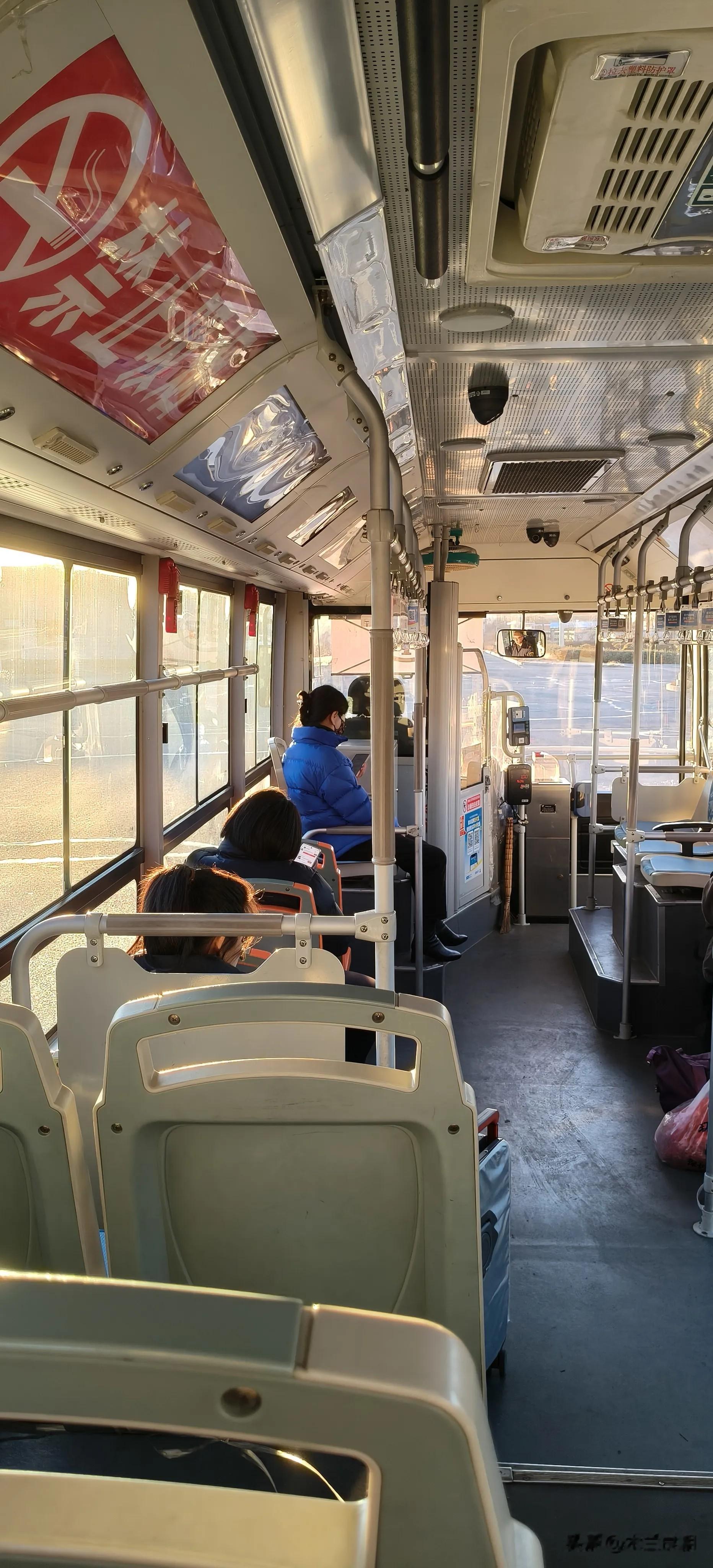 公交车上美丽的小姐姐，有一种知性美。宝蓝色羽绒服，配黑色直筒裤和黑色尖...