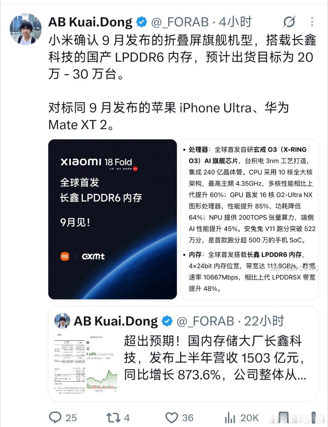有关长鑫的新闻今天有点密集，总的来说国产内存供应链开始和行业同步总归是好事。

至于有人担心技术总是落后国外一点，或者份额争不过外国都是小事。长鑫目前只要把国内的份额稳稳吃下，就是很大的市场，小米首发长鑫lpddr6确实是一件里程碑的事情。 ​
