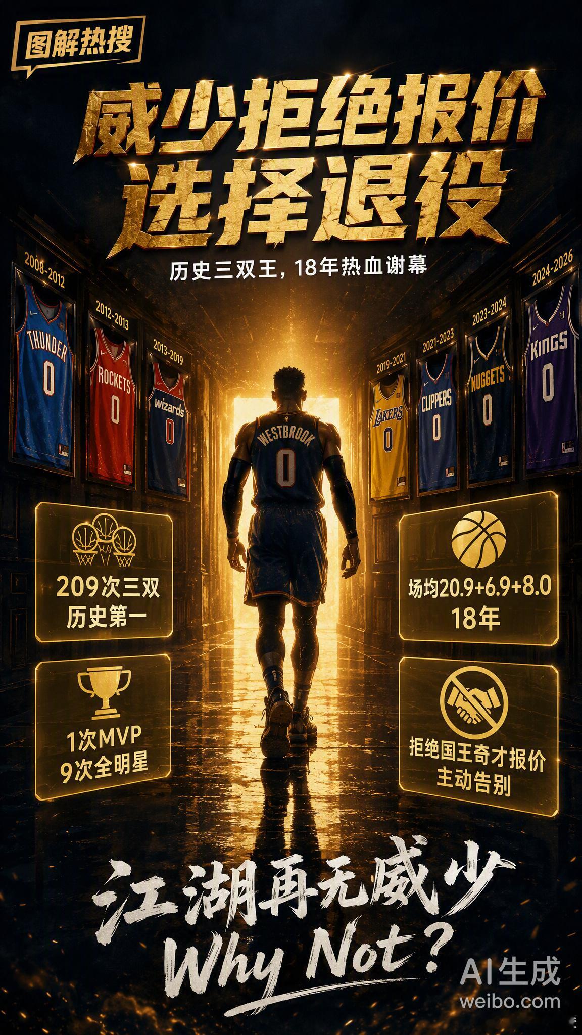 37岁的威少，今天正式告别了NBA。 没有告别巡演，没有最后一季煽情...