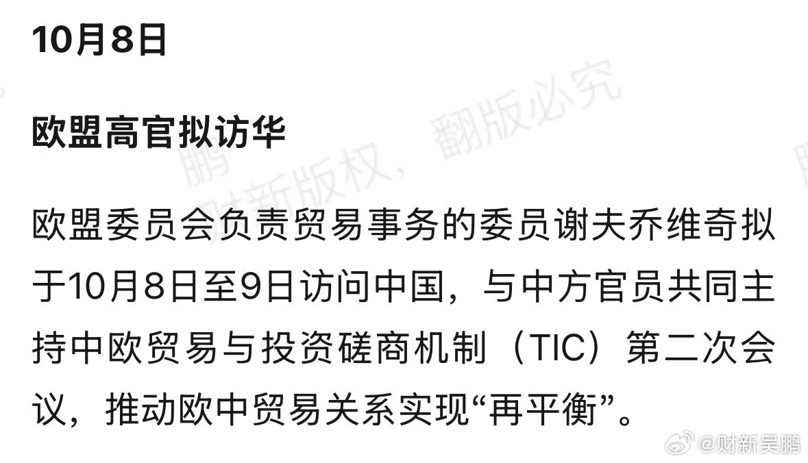 10月8日至9日，中欧贸易与投资磋商机制(TIC)第二次会议在北京举行 ​