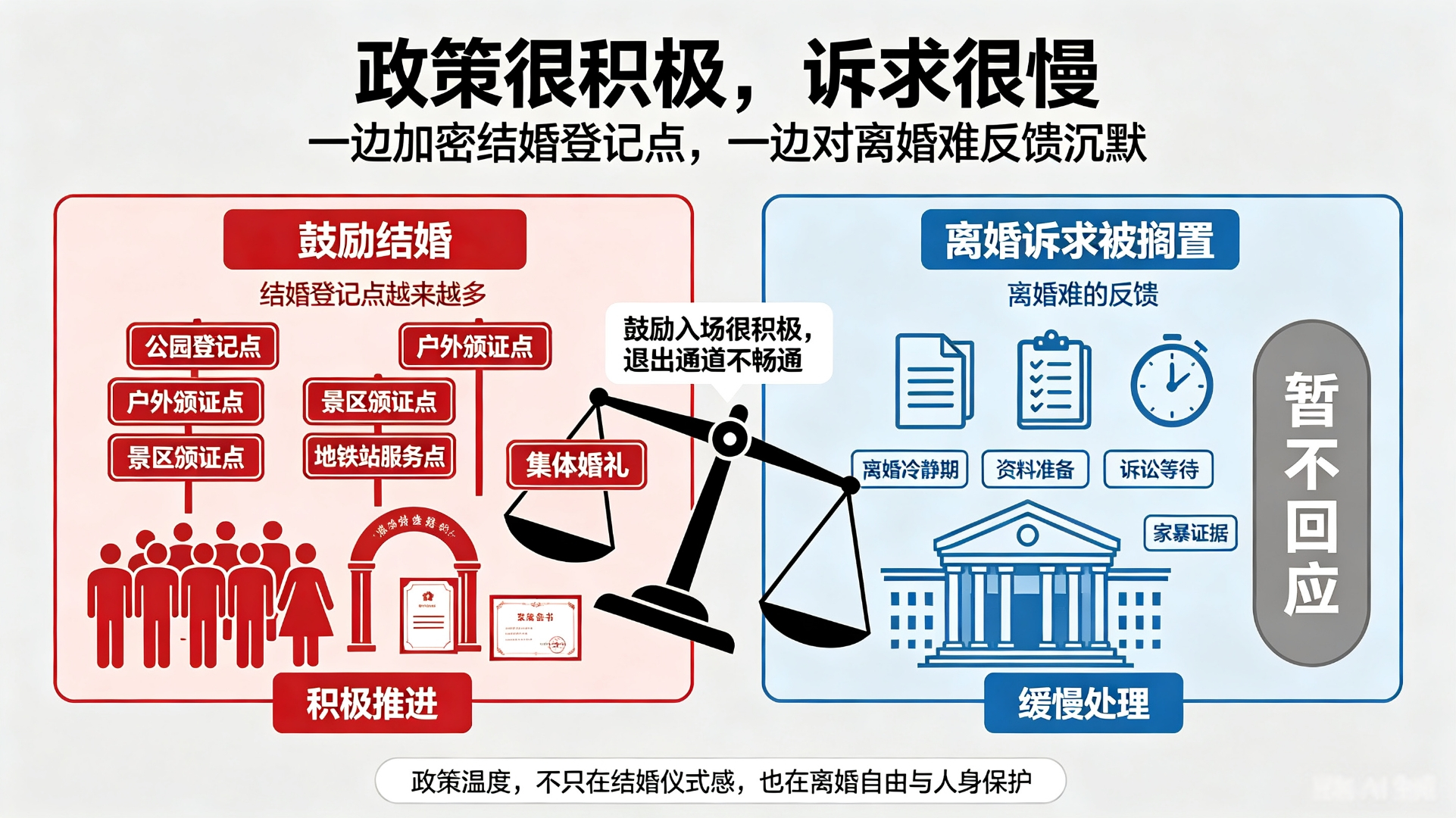 #民政部将优化结婚登记场所建设#
       现在的婚恋政策，呈现出极其割裂的现实：催婚极尽积极，容错极尽苛刻。
       为了鼓励结婚，全国疯狂布局婚恋服务，遍地新增公园婚姻登记点、户外颁证场景、常态化集体婚礼，拼命增加仪式感、氛围感、便利度。
       目前国内已经落地的，就有近1330个户外颁 ​