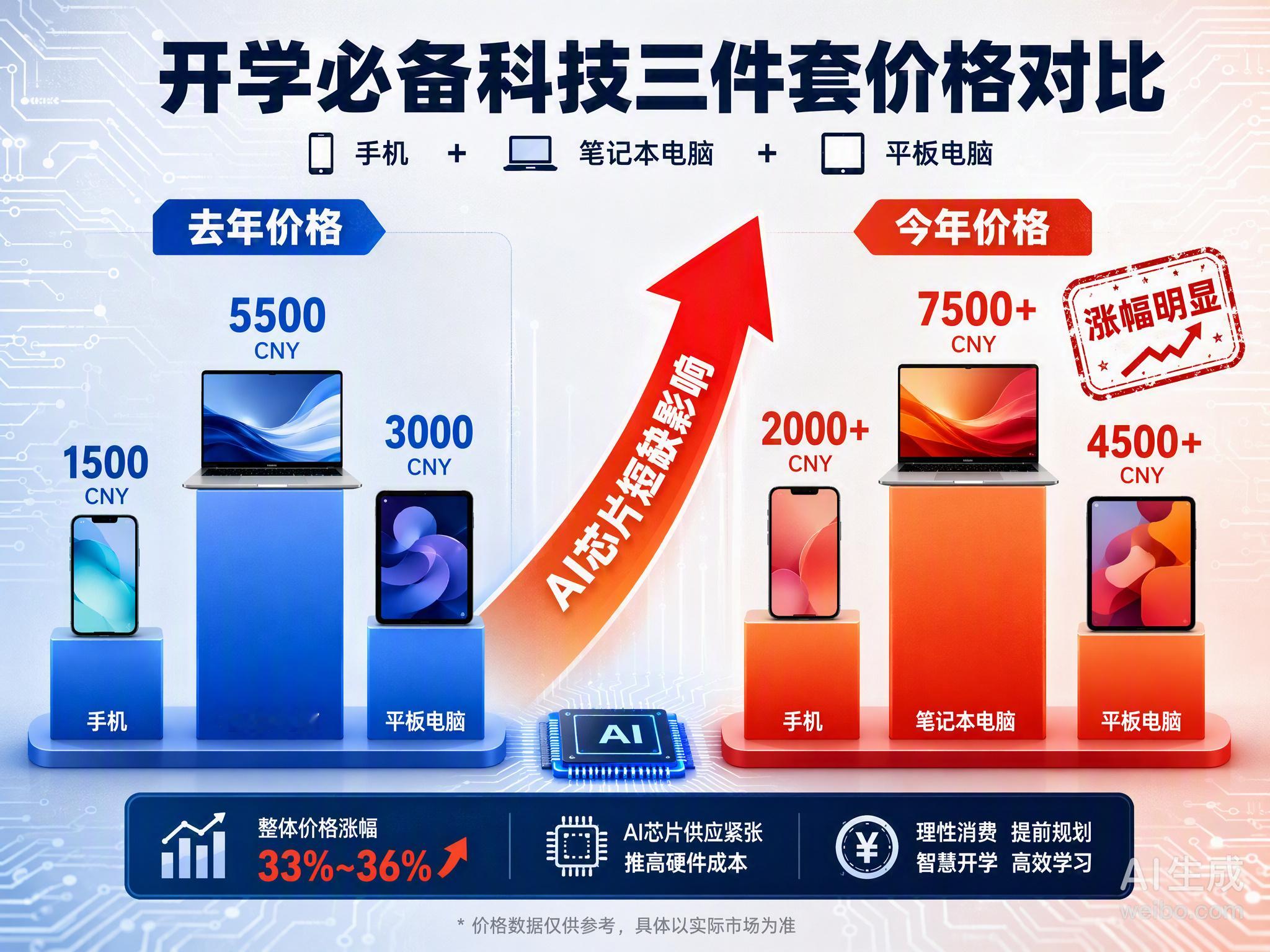 开学配齐手机、电脑、平板，预算直接冲上2万，这价格涨得比气温还快。

很多人只看到终端在涨价，没注意到背后的逻辑变了。这波涨价的推手其实是AI。全球大厂都在抢算力，存储芯片产能被大量抽调去生产高利润的AI专用内存，留给消费电子的闪存自然就少了。

供给一收缩，成本立马传导到咱们手里。现在 ​