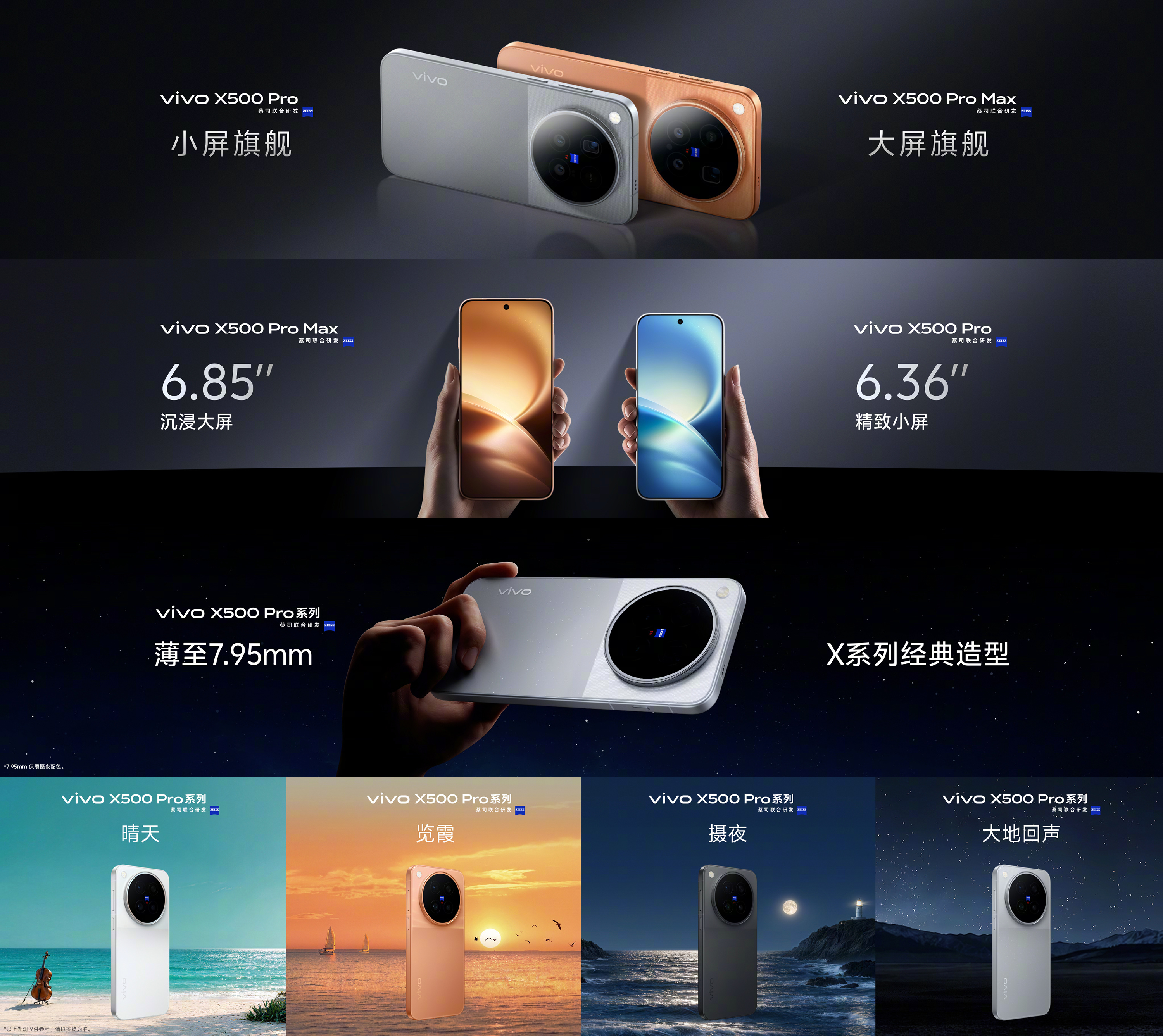 【#vivo X500系列# Pro系列外观及屏幕】
外观｜vivo X500 Pro 带来 6.36 黄金英寸，握持刚好；vivo X500 Pro Max 带来 6.85 英寸沉浸大屏，观感更佳；摄夜机身薄至 7.95mm，背面采用饼干头、滚花纹理与拼接设计，延续专业质感。四款配色，四个 Golden Moment：晴天、览霞、摄夜、大地回声，一日之时， ​