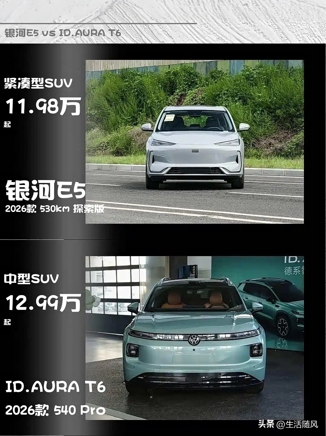 周末把银河E5 530探索、ID.AURA T6 540 Pro都揉了一圈。一个11.98万前驱紧凑，一个12.99万后驱中型，差1万真不是凑数。

E5车长4615、轴距2750，160kW前驱，60.22度铁锂，CLTC530公里，零百6.9秒。15.4寸Flyme屏、360、前排通风加热都给，