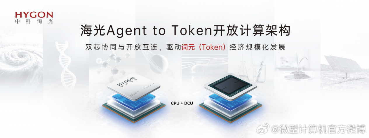 【海光首发开放计算架构】日前，海光信息首发“Agent to Token开放计算架构”，依托CPU与DCU双芯协同及开放互连，为词元（Token）经济规模化发展提供从芯片到应用的全新算力框架。该架构通过“CPU+DCU”双芯及开放互连体系，将Agent调度与词元生成纳入统一算力架构。海光CPU承担Agent业务流的系统枢纽 ​